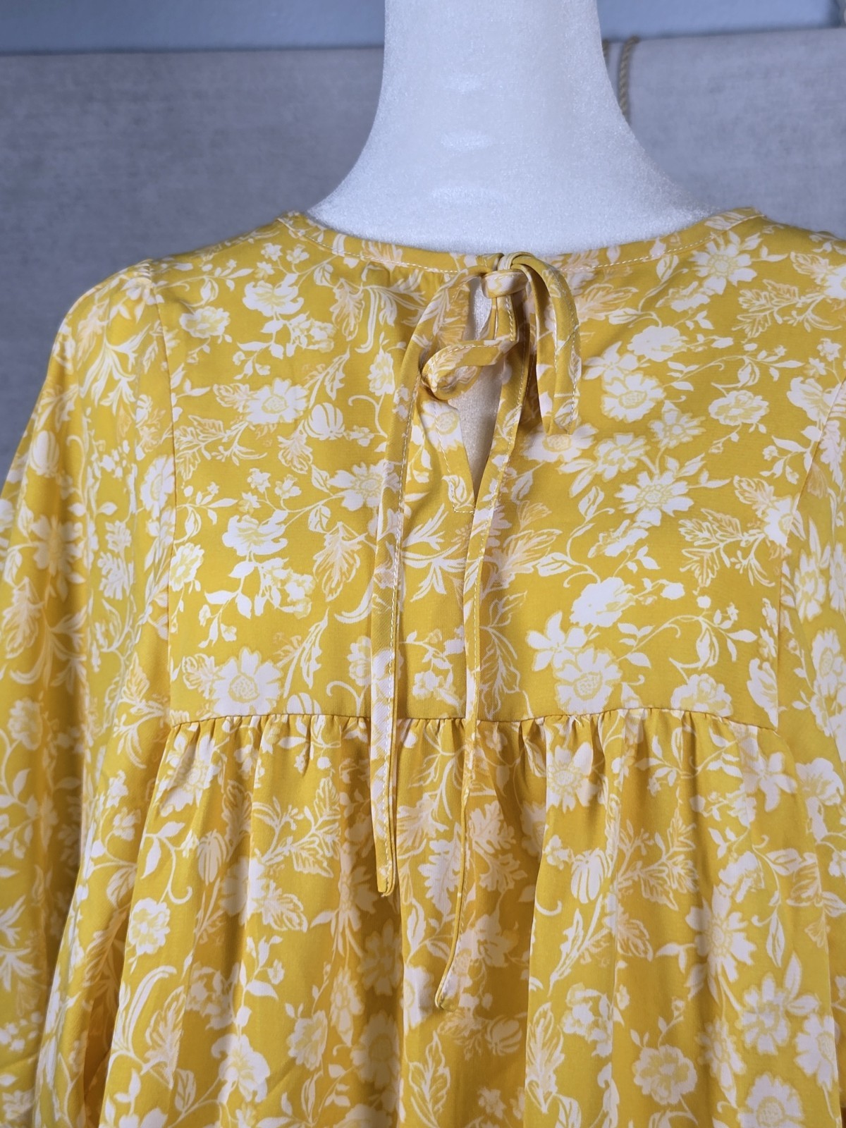 Womens Dress NEW Yellow Floral Peasant Boho Drawstring V Neck Size M Mini NWT