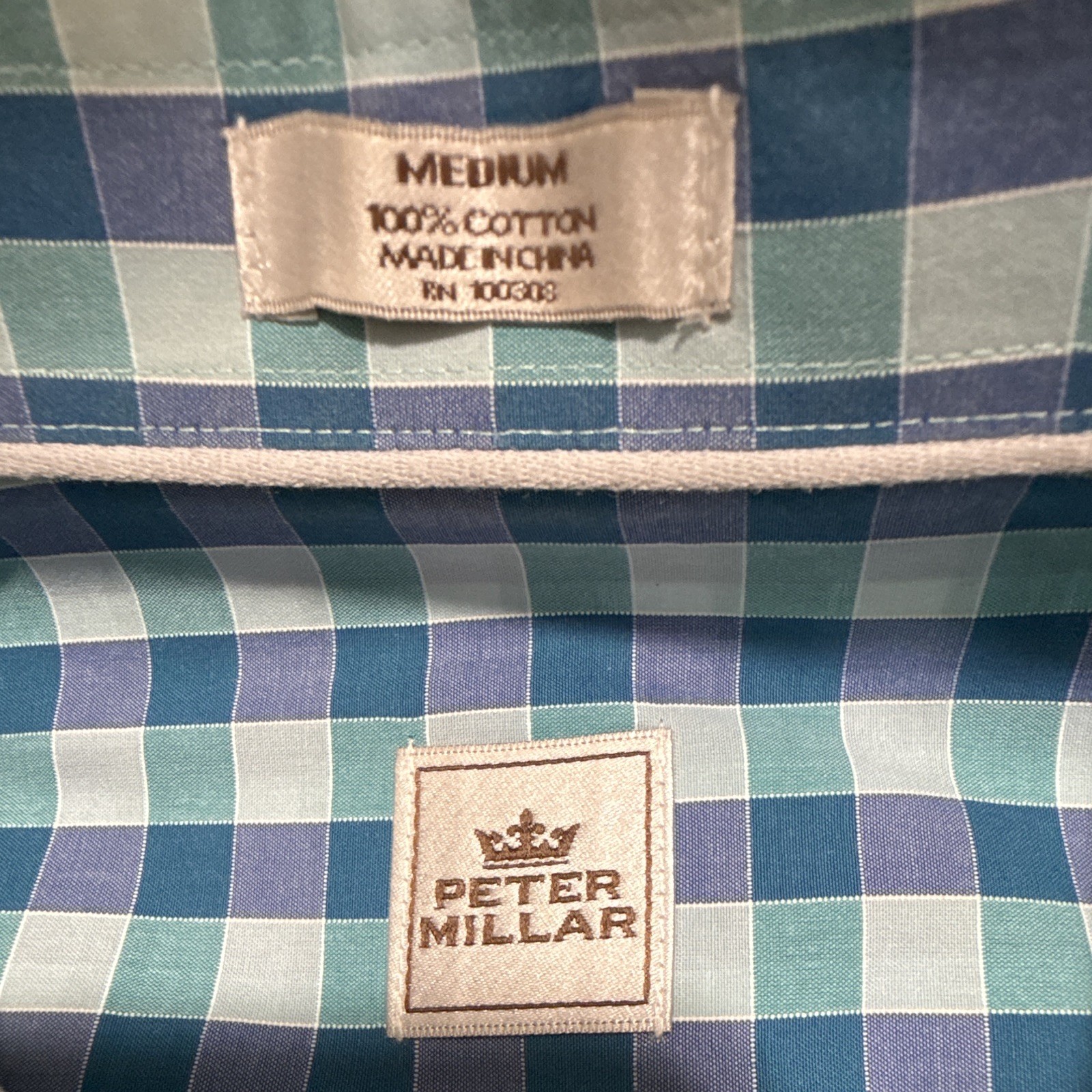 Peter Millar Men’s M Blue/Green/White Check Woven Cotton Button-Up Shirt