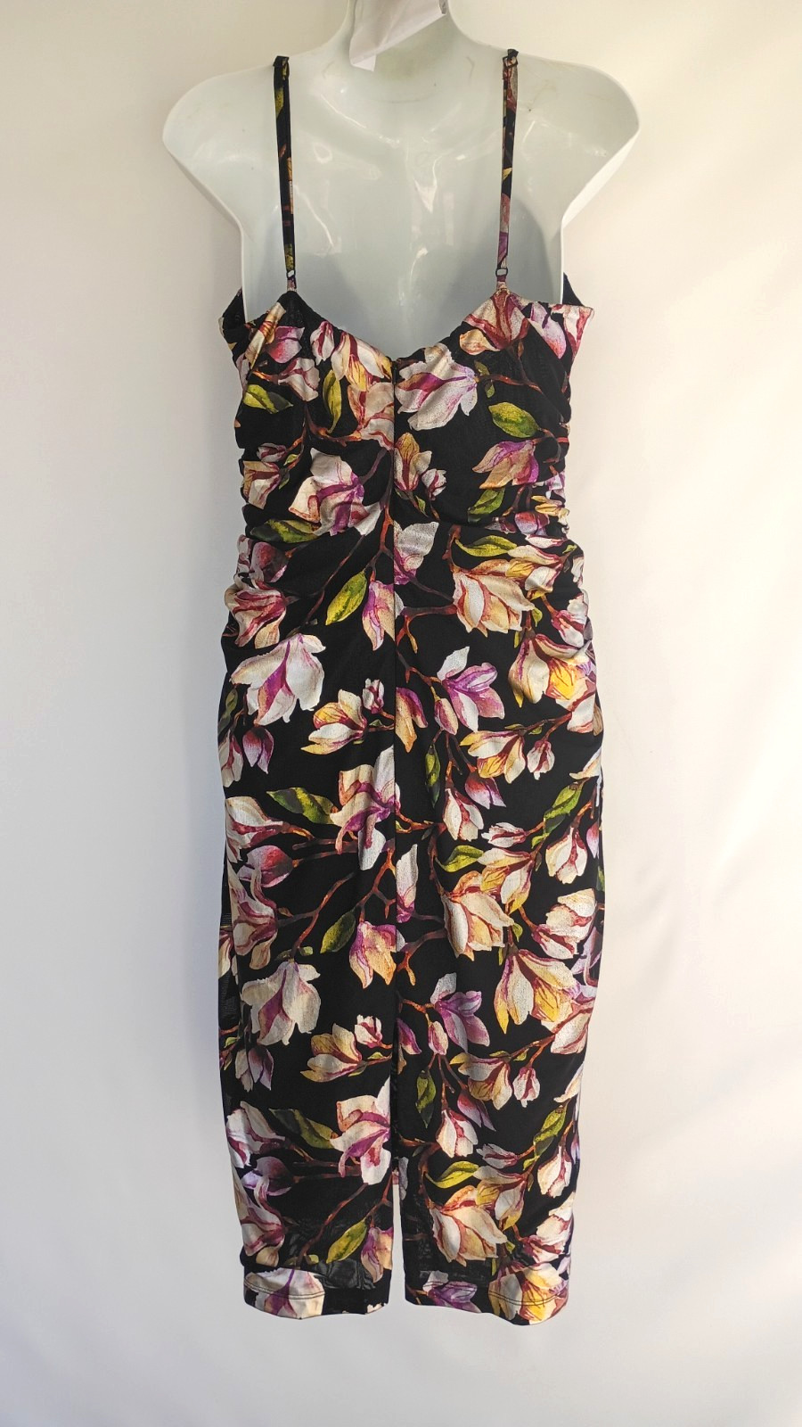 NBD Revolve Deidre Midi Dress Black Pink Floral Ruched Cocktail Wedding Guest L