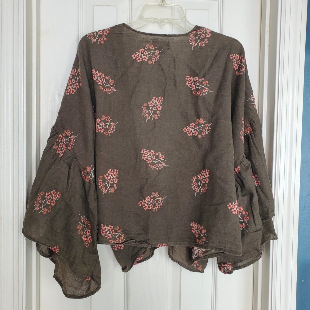Linen Blend Cropped Kimono Cardigan Olive Green Floral Print Cottage Boho OSFM