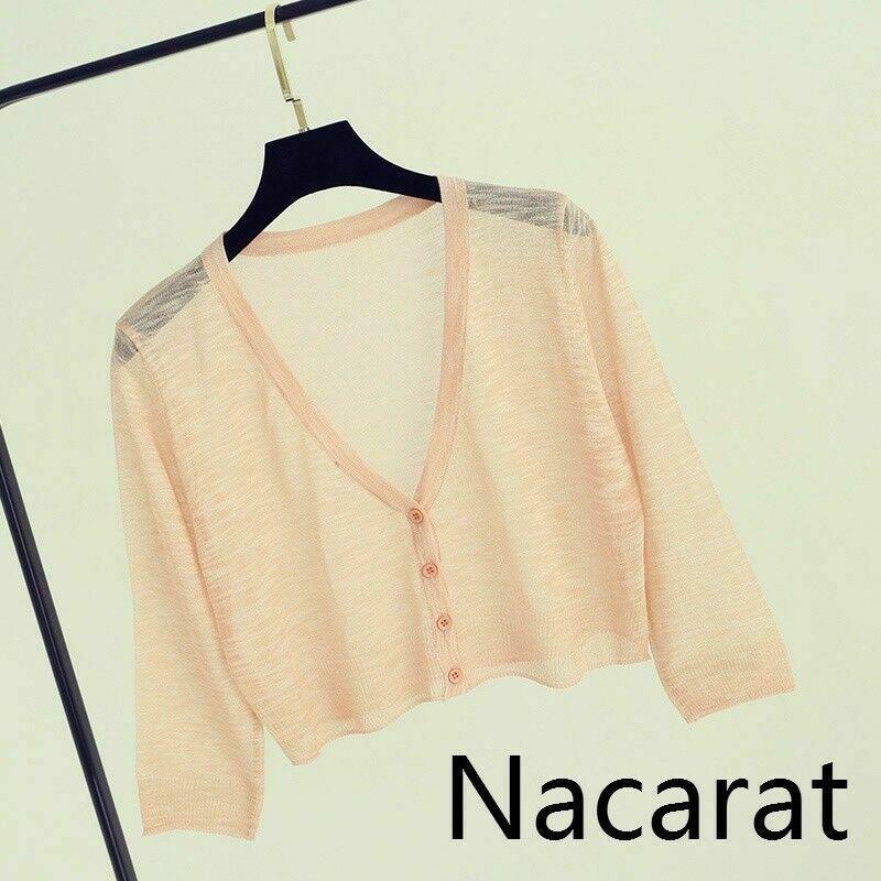 Women Sweater Shrug Crop Top Coat 3/4 Sleeve Knit Cardigan Button Down Sheer
