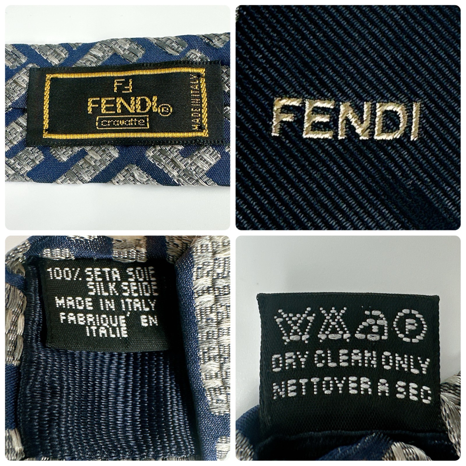 FENDI Zucca FF Monogram Silk Tie Navy Blue Silver Jacquard Made in Italy japan