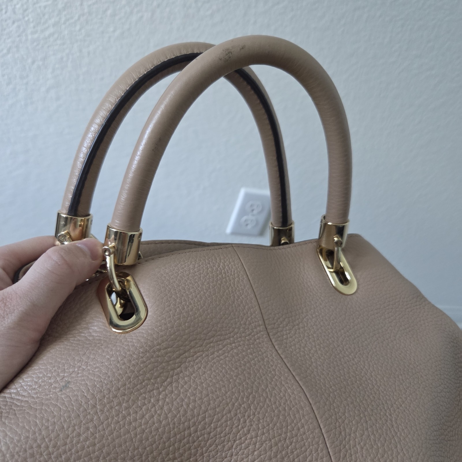 Vince Camuto Elva Handbag Black Pebbled Genuine Leather, Satchel Tan Camel