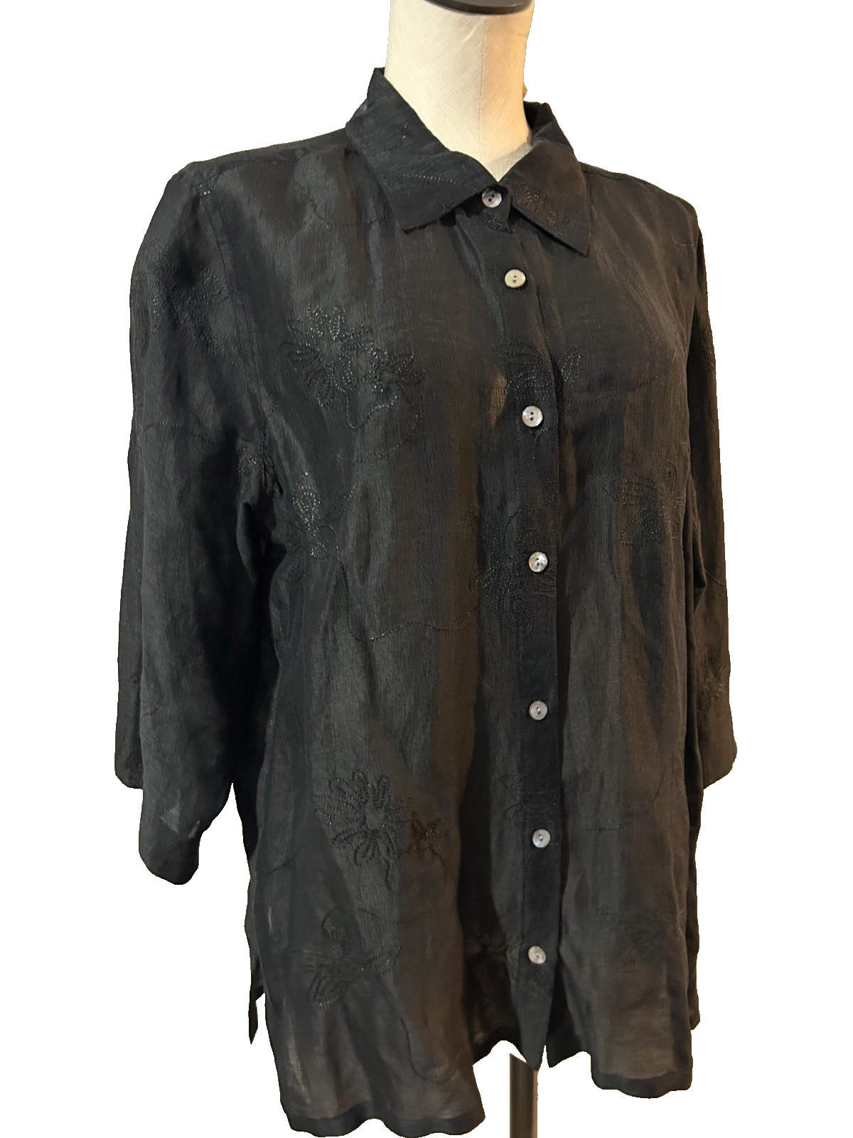 French Laundry Women’s Vintage Silk Linen Embroidered Button Up Shirt size XL