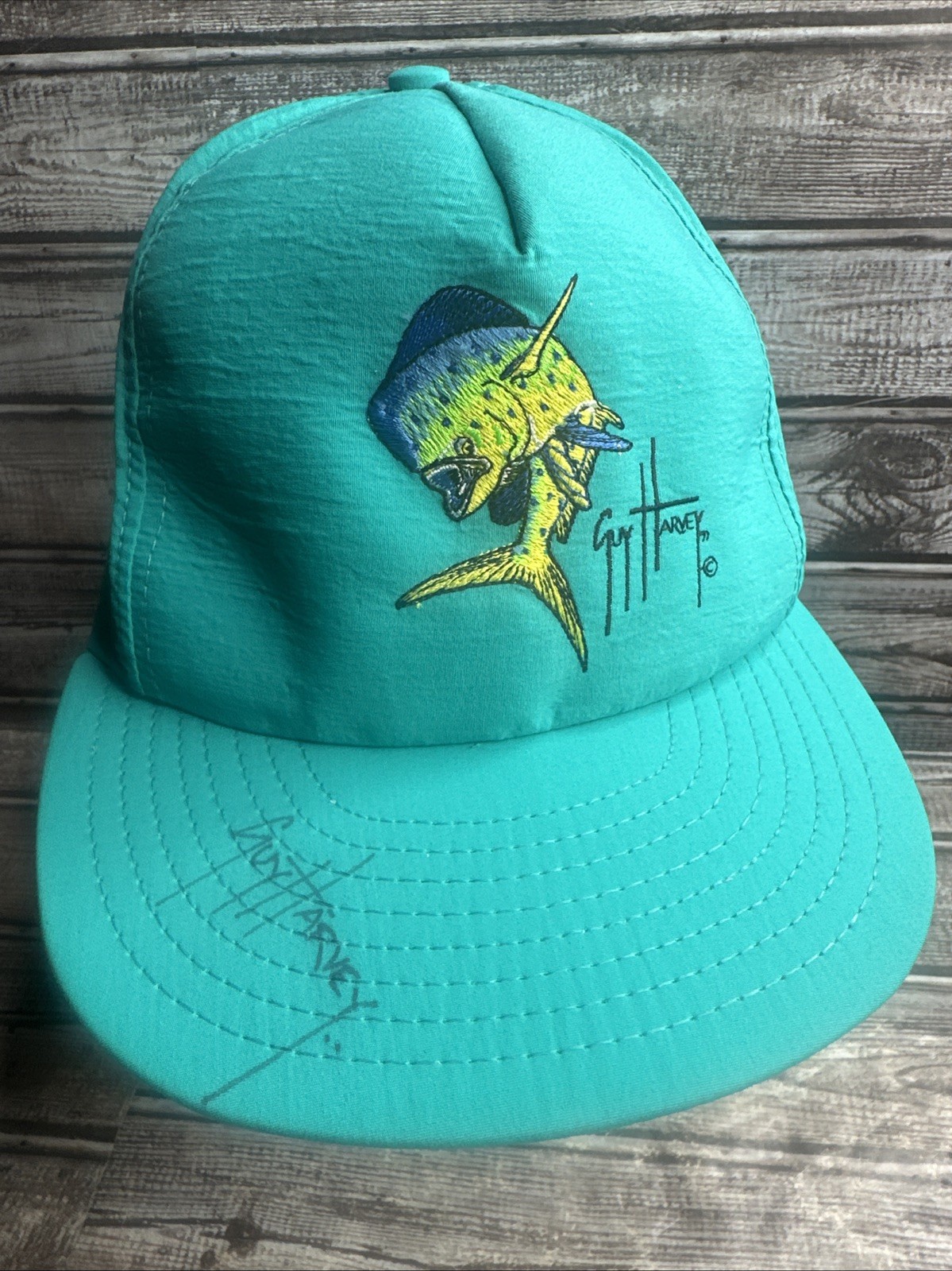 GUY HARVEY Ltd Fishing Hat Snapback SZ M/L Hat SIGNED Mahi Louisville Mfg Co.