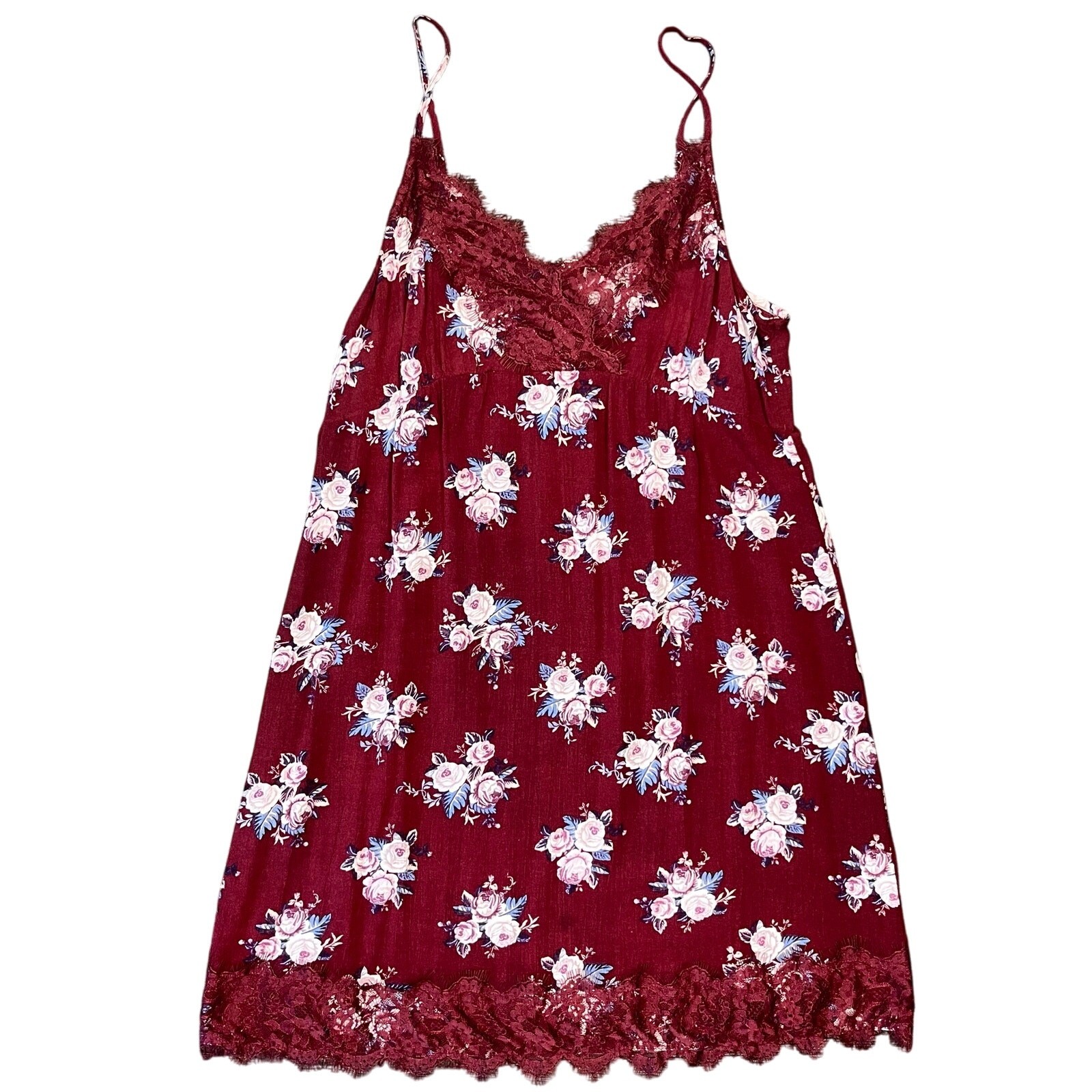 American Eagle Womens Y2k Babydoll Mini Burgundy Floral Dress Small Boho Lace