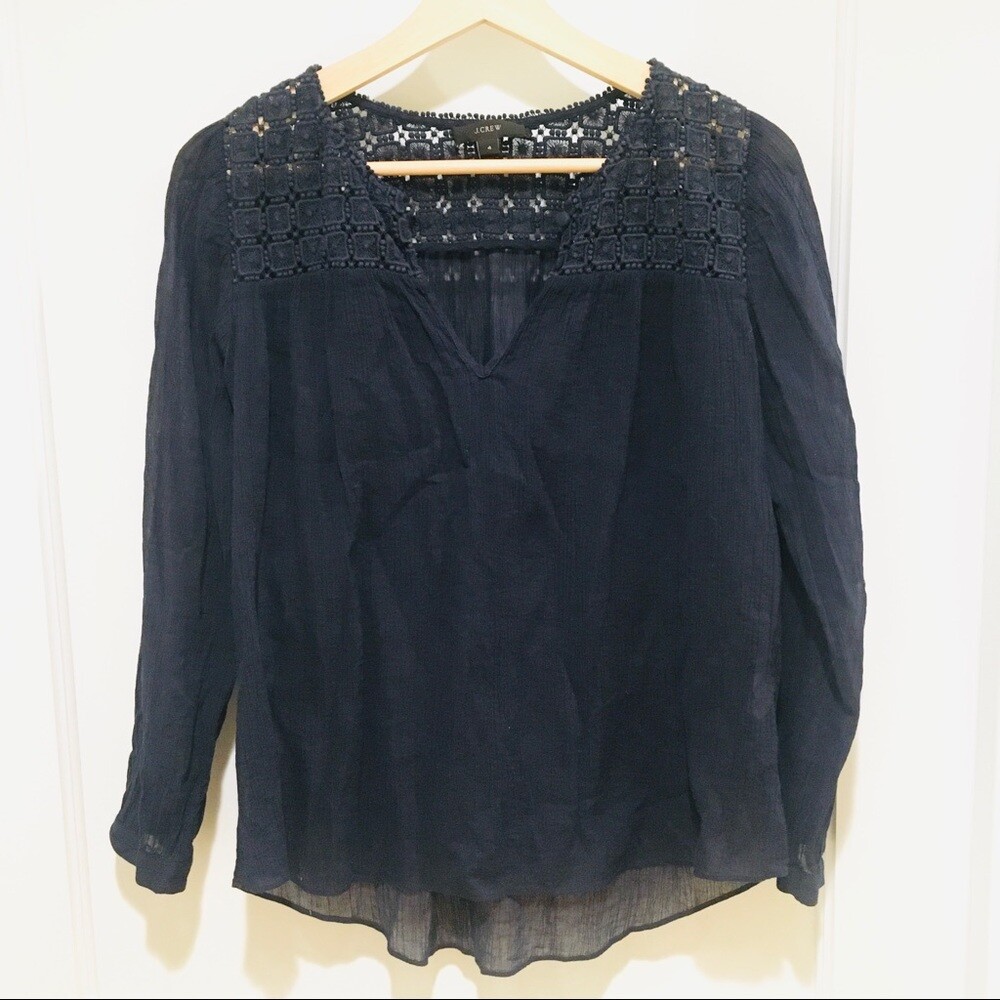 J. Crew Embroidered Gauze Top Navy 4 Cotton