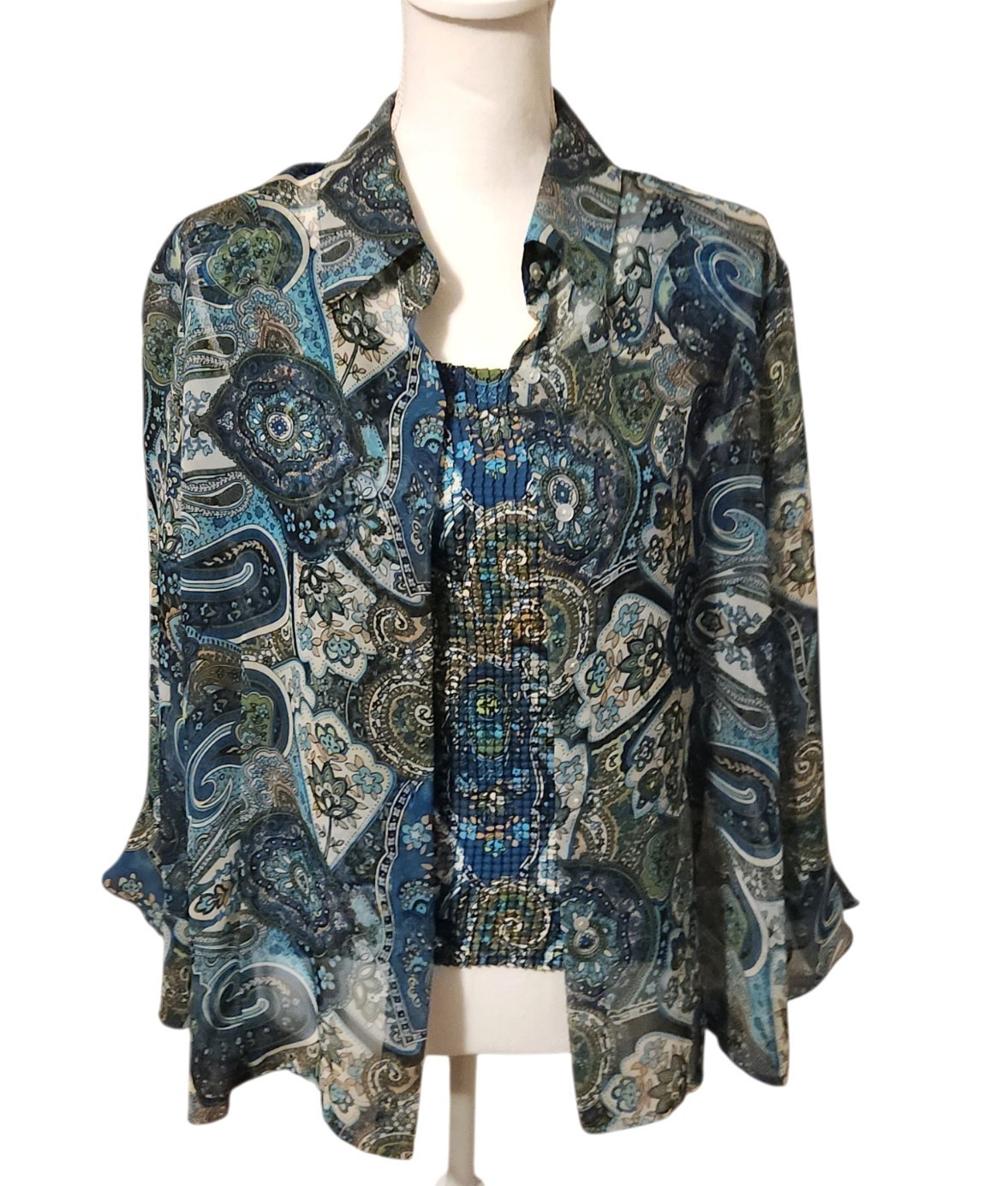Nicola Sheer Button Up Blouse w/ Ruched Tank Top Blue Paisley Womens Size XL