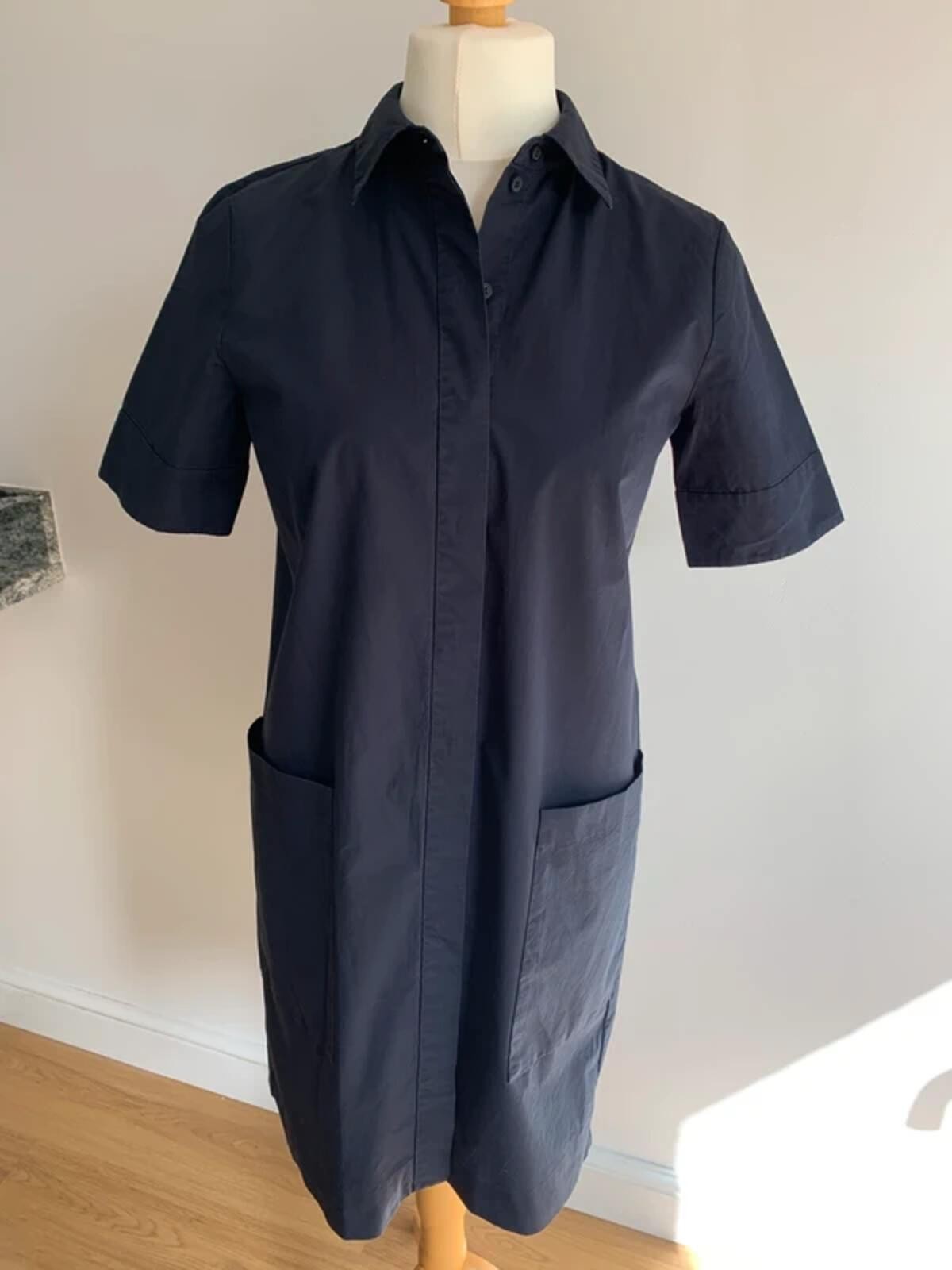COS Navy Blue Cotton Shirt Dress Size 38 UK 12 Short Sleeve Utility Pockets LN