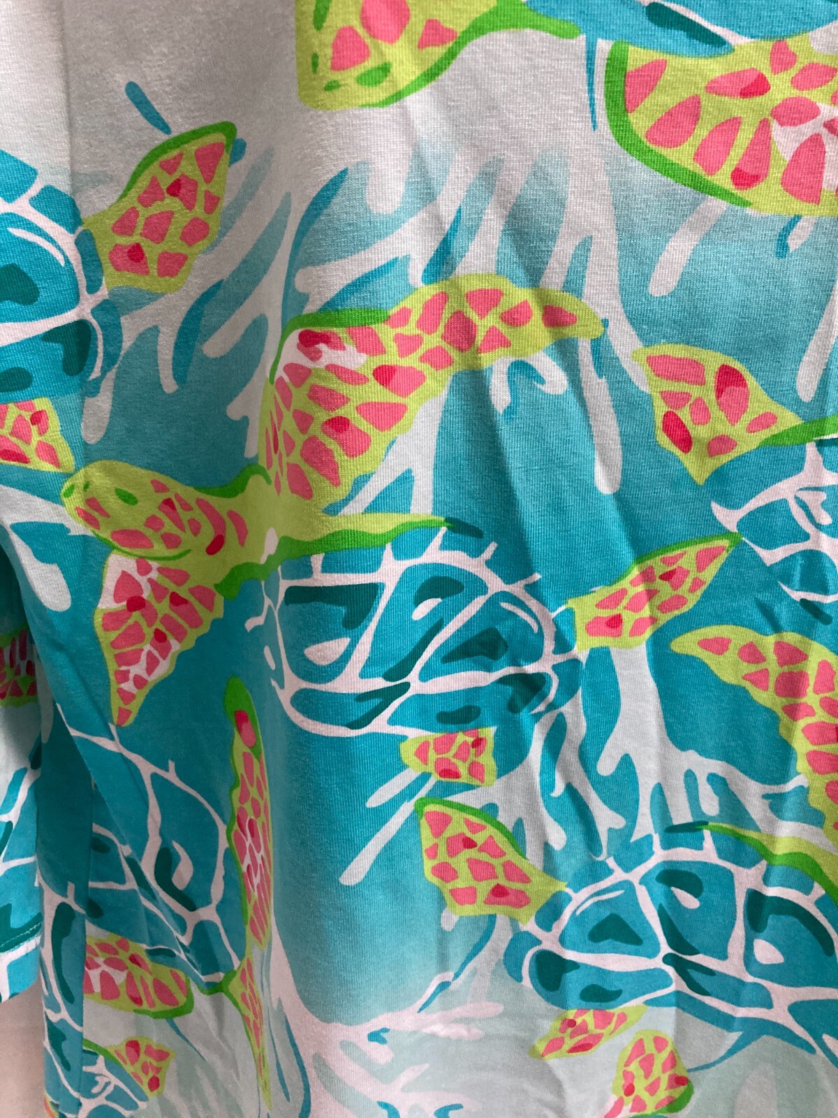 Ana Clare Resort Wear Top 3/4 sleeve soft stretchy turtle print turquoise L