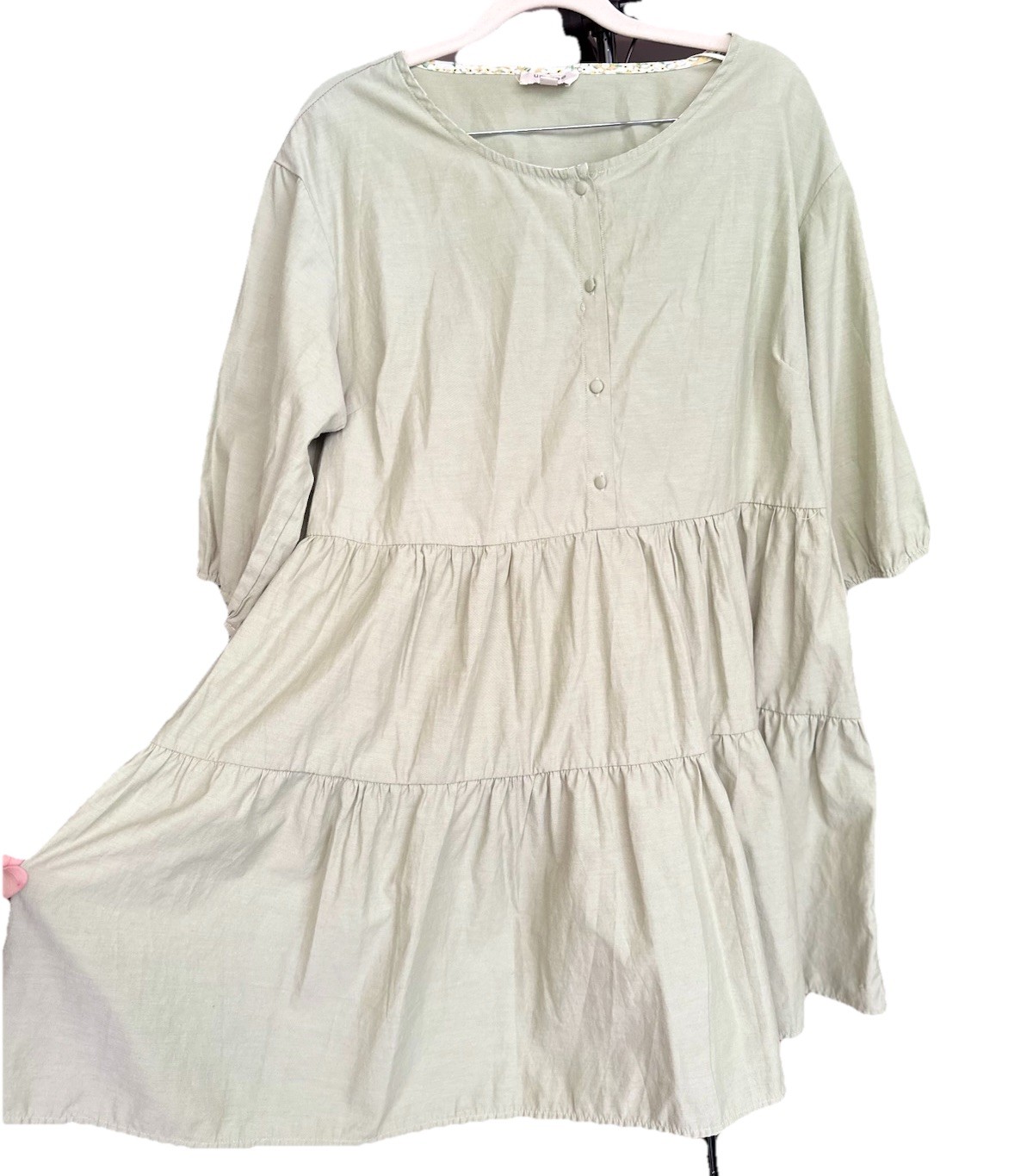 Umgee Sage Green Boho Tiered Button Front Babydoll Mini Dress 3/4 Sleeve L Party