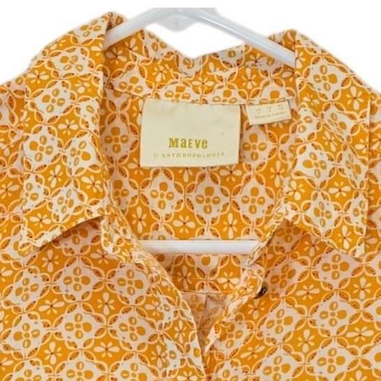 Maeve Anthropologie Button Down Women 2(S) Orange Cotton Geometric Boho Shirt