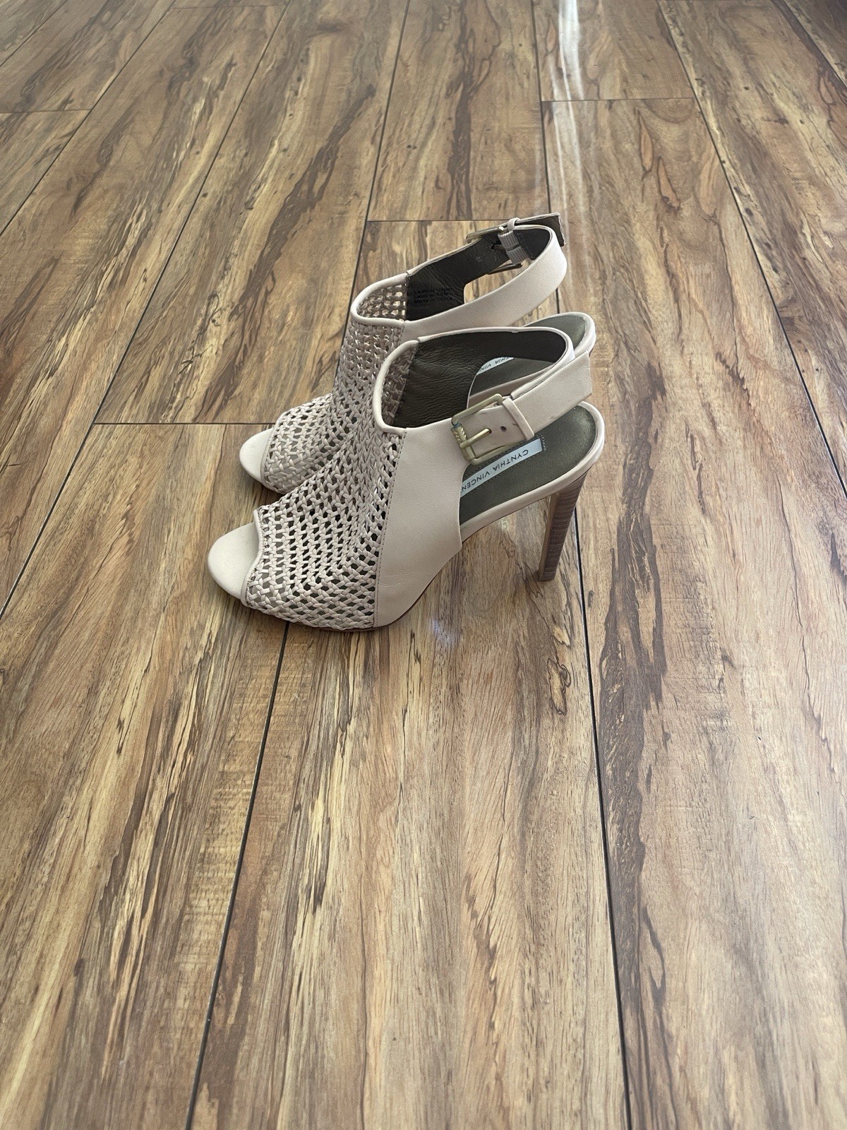 Cynthia Vincent Women’s Beige Woven Strappy Open Toe Stiletto Heels 8
