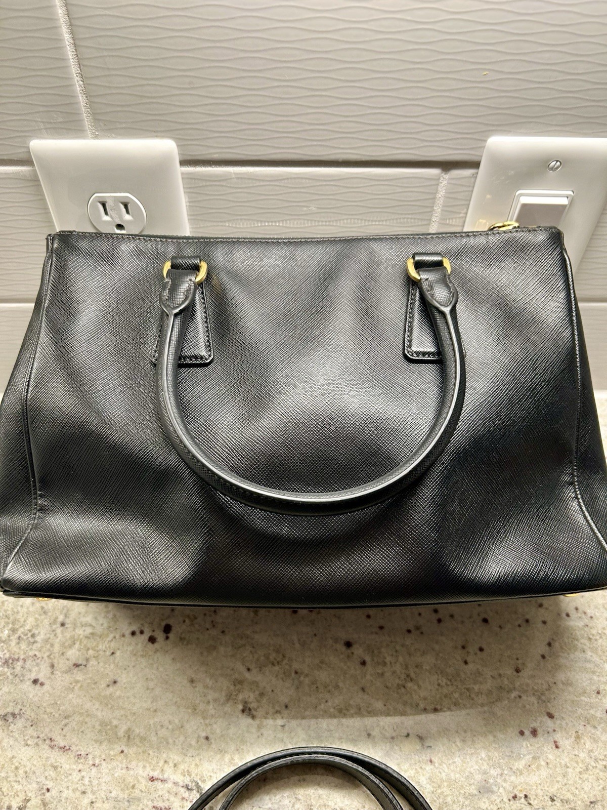 PRADA Black Galleria Saffiano Leather Top Handle Bag w/ Adjustable Strap, Gold