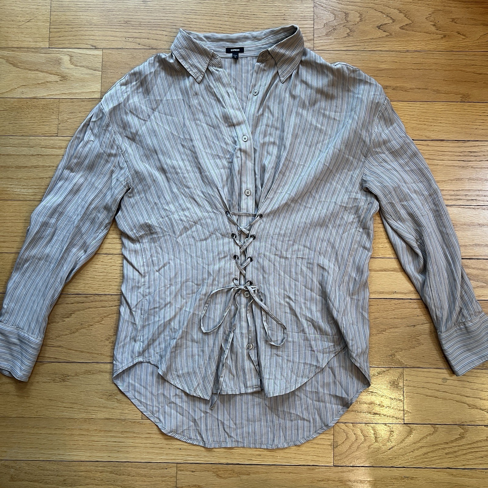 Express Striped Lace-Up Button Collared Long Sleeve Blouse size M