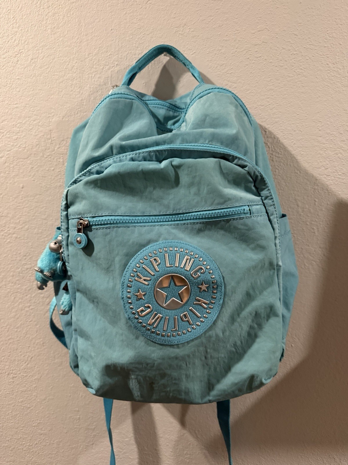 Kipling Backpack Seole Extra Large Teal Blue W/ Lime Green Lining Monkey Charm