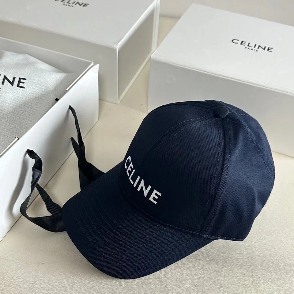 CELINE Navy Blue Cotton Baseball Cap White Logo Unisex Adjustable Luxury Hat