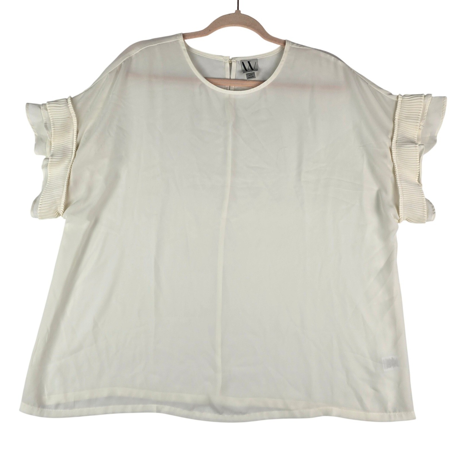 Worthington Pleated Ruffle Sleeve Blouse Women XXL Cream Round Neck Keyhole Back