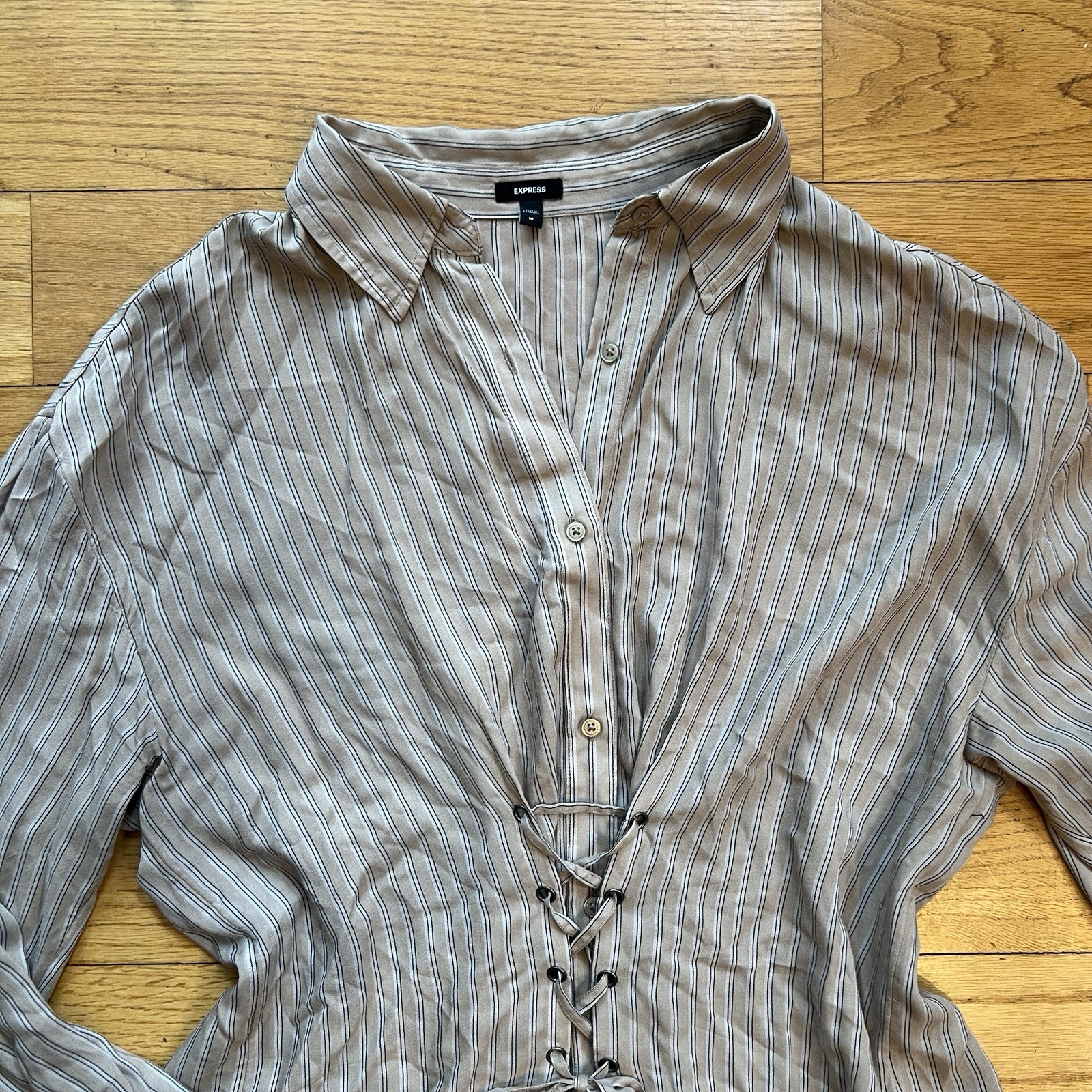 Express Striped Lace-Up Button Collared Long Sleeve Blouse size M
