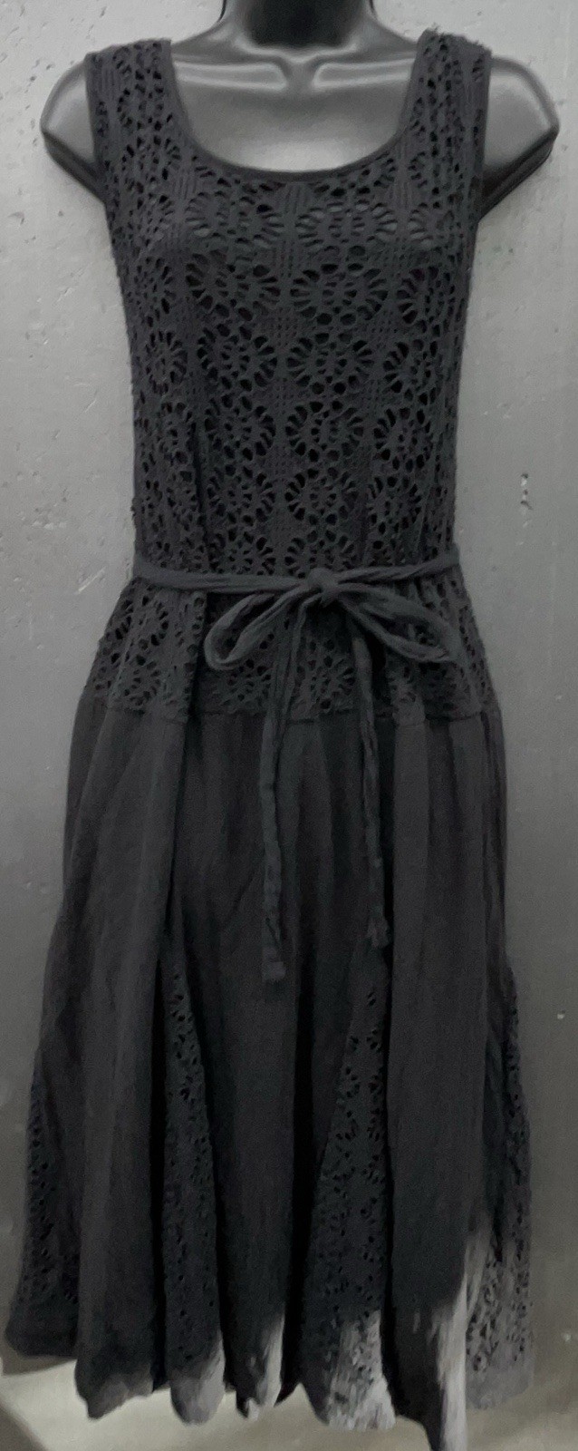 Black Cotton Dress 14/16 Crochet Belt Flare Ruffle Dark Romantic Coastal Cottage