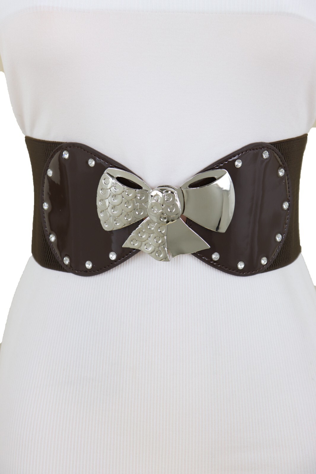 Women Dark Brown Color Wide Apparel Belt Silver Metal Bow Tie Ribbon Buckle S M