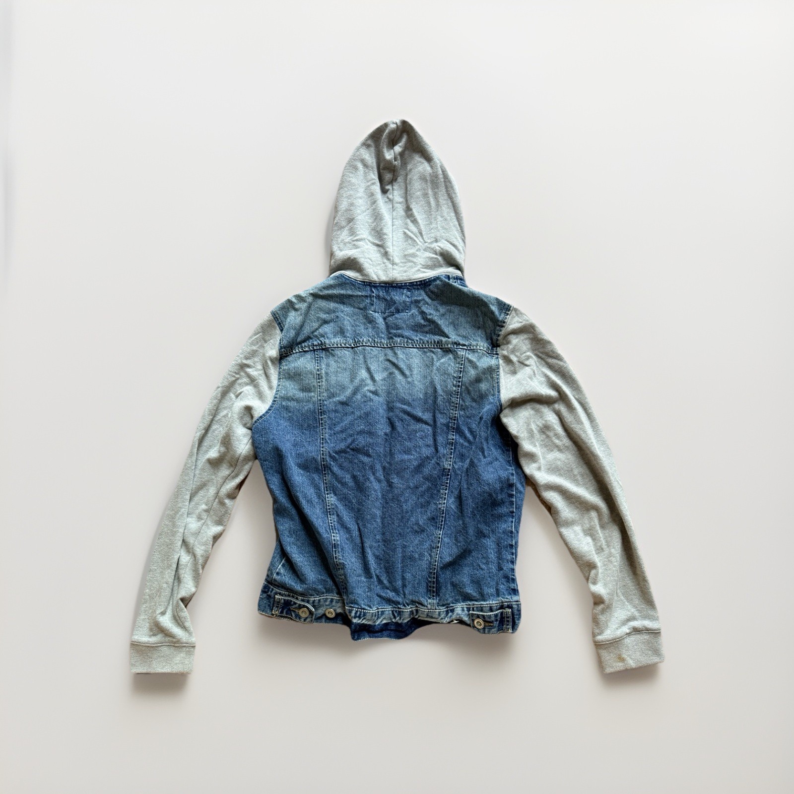 Arizona Jean Hooded Jacket Sz S Denim Button Up Blue Hybrid Trucker Distressed