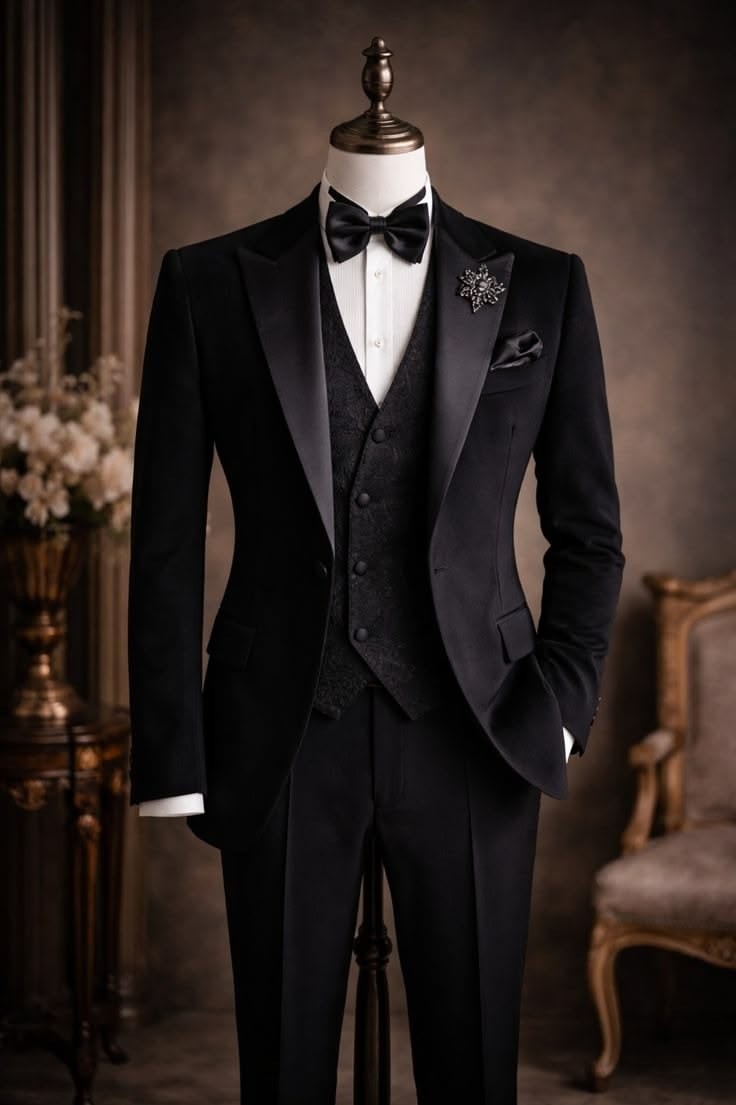 Black 3Pcs Men’s Suits Peak Lapel Formal Workwear Coat Business Casual Blazer