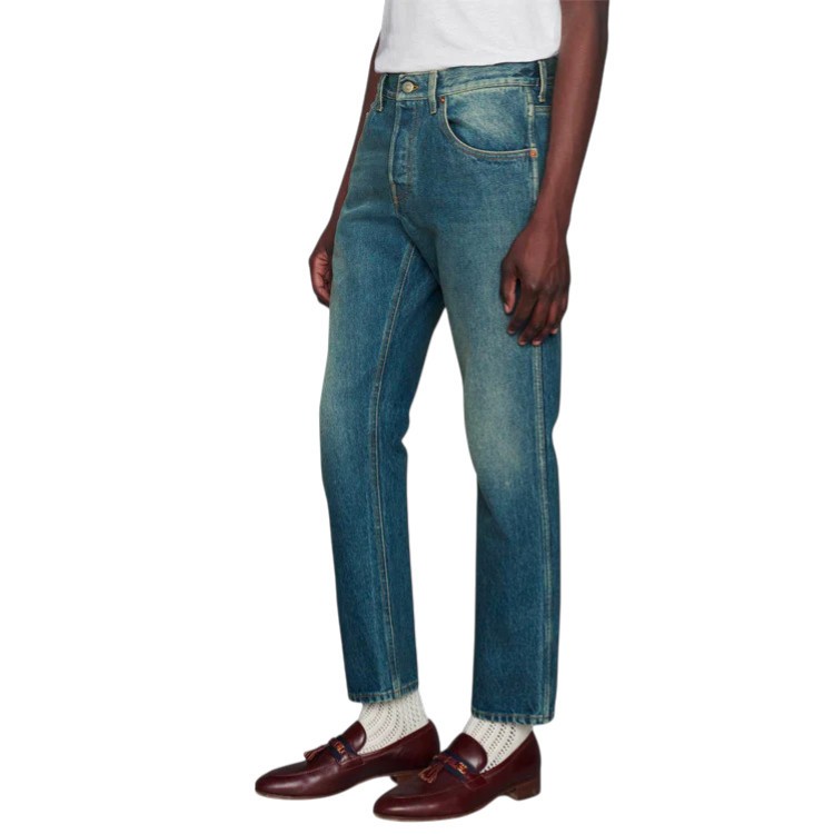 Authentic Men’s Gucci Blue Slim Tapered Stone Washed Denim Jeans 408637 New