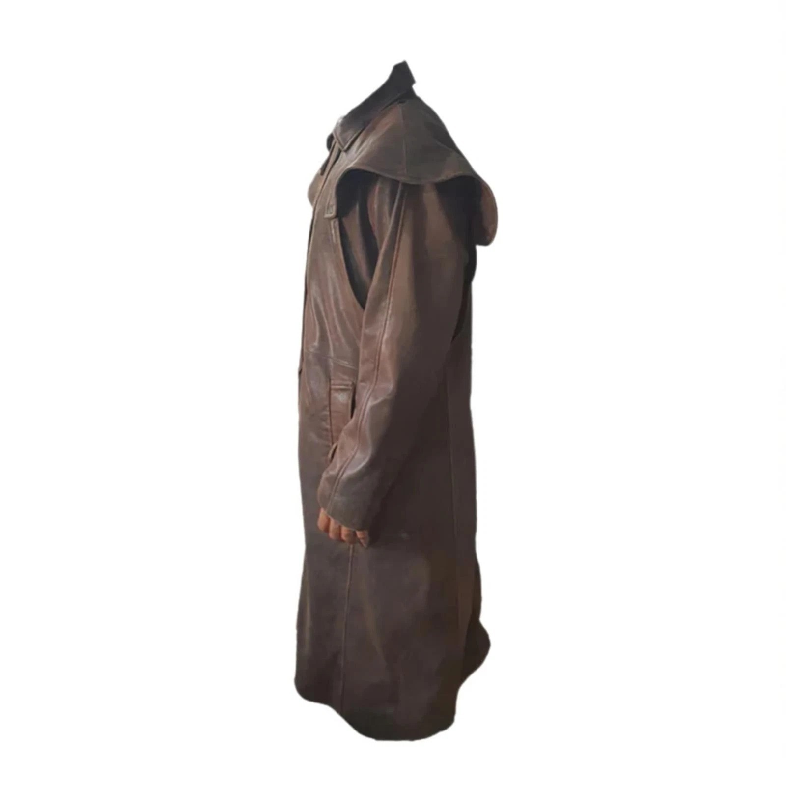 Mens Brown Distressed Lambskin Leather Duster Trench Coat Cape Collar Western