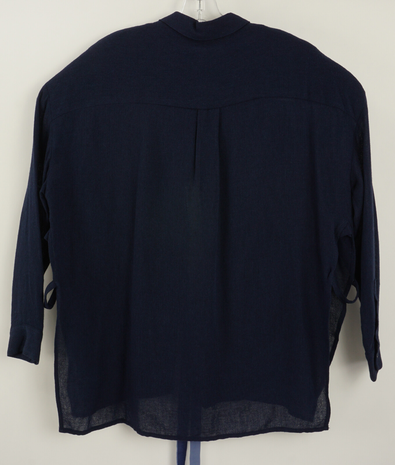 New Merci Women’s Small Dark Blue Woven Wool Viscose Open Lace Closure Blouse