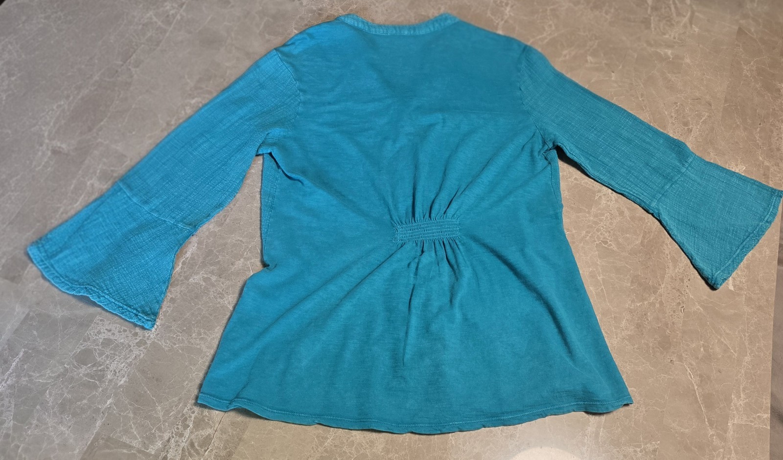 Western Turquoise Embroidered Button Front Blouse Artisan Teal 3/4 Sleeve Top M