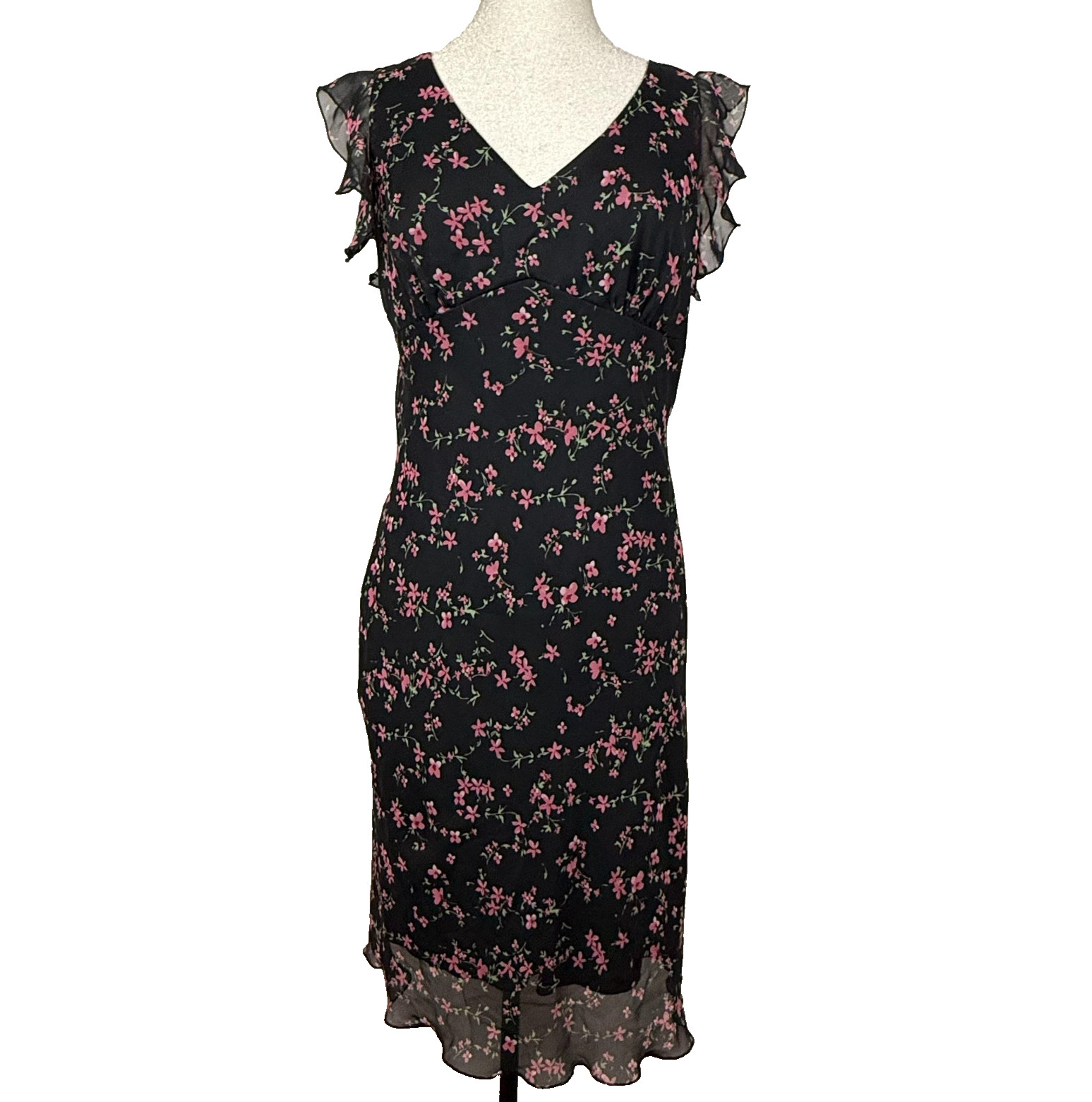 Vtg 90s Babydoll Dress Womens L Black Pink Floral Chiffon Midi Dark Fairy Punk