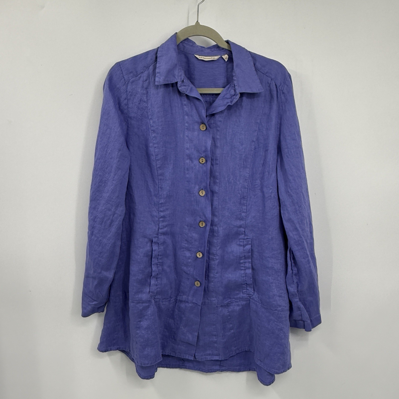 Soft Surroundings Linen Tunic Shirt Medium Button Up Lavendar Pockets Coastal