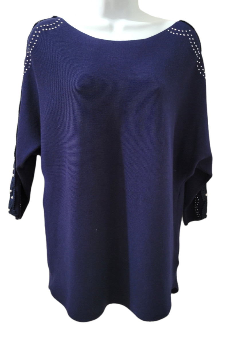 Fair Lady Knit Top Womens Size 8 Navy Blue Lace Sleeves Embellished