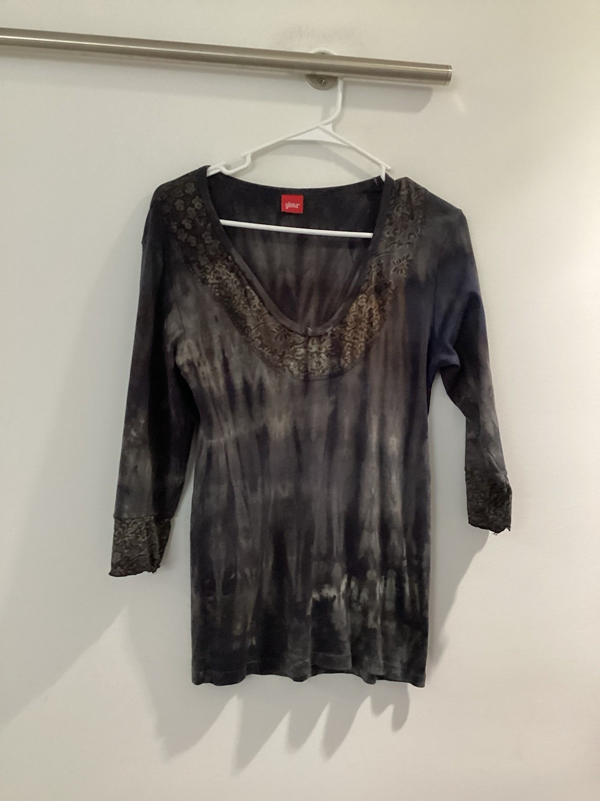 Glima Black Brown V Neck Top Shirt Women Dark L 3/4 Sleeve Tye Dye