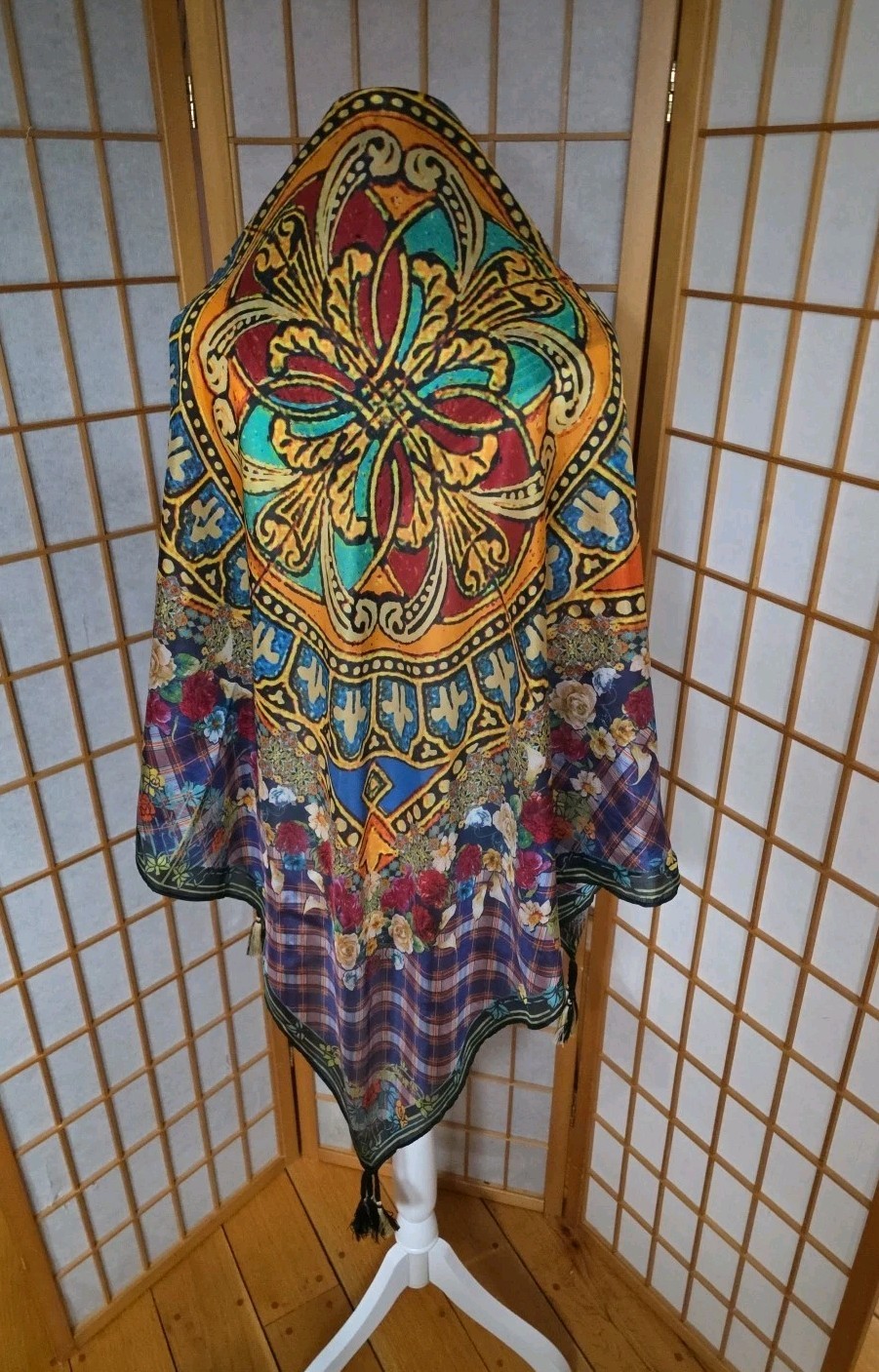 Johnny Was Silk Scarf 42″X42″ Shawl Wrap Lg BOHO Tasseled Medallion Floral Plaid