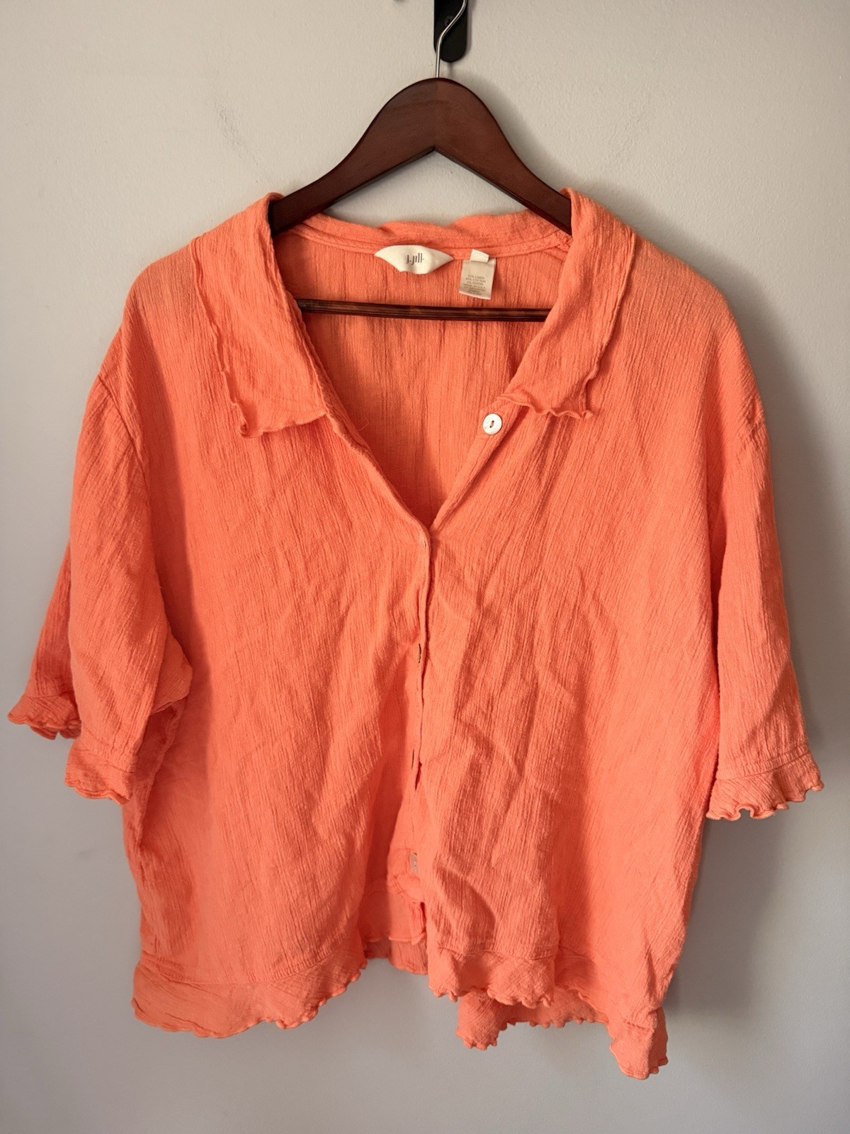 J. Jill Coral Solid Linen Cotton Rayon Woven Collared Button-Up Short Sleeve XL