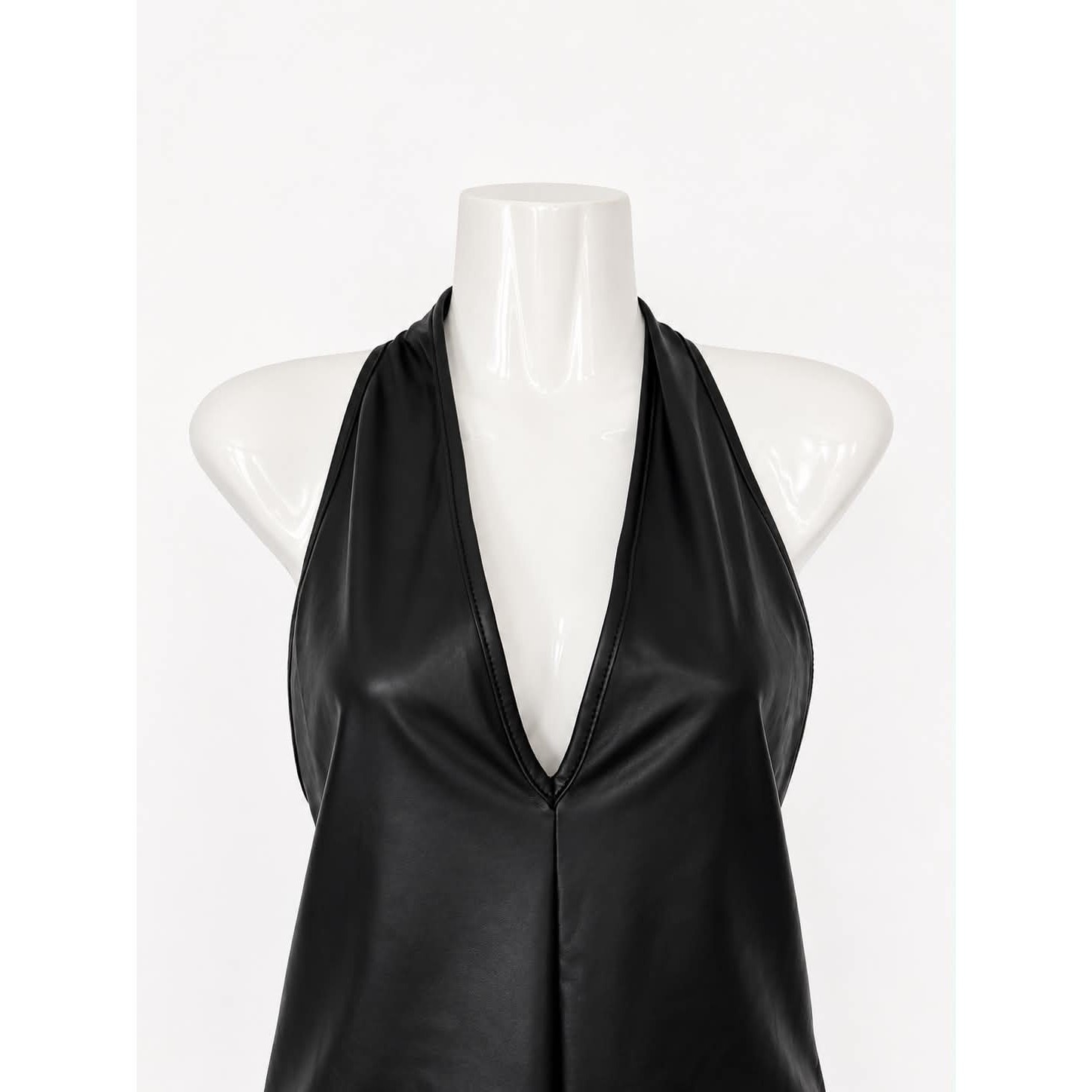 Black Faux Leather Halter Romper Open Back Plunge Neck Size Medium Runs Small 🖤