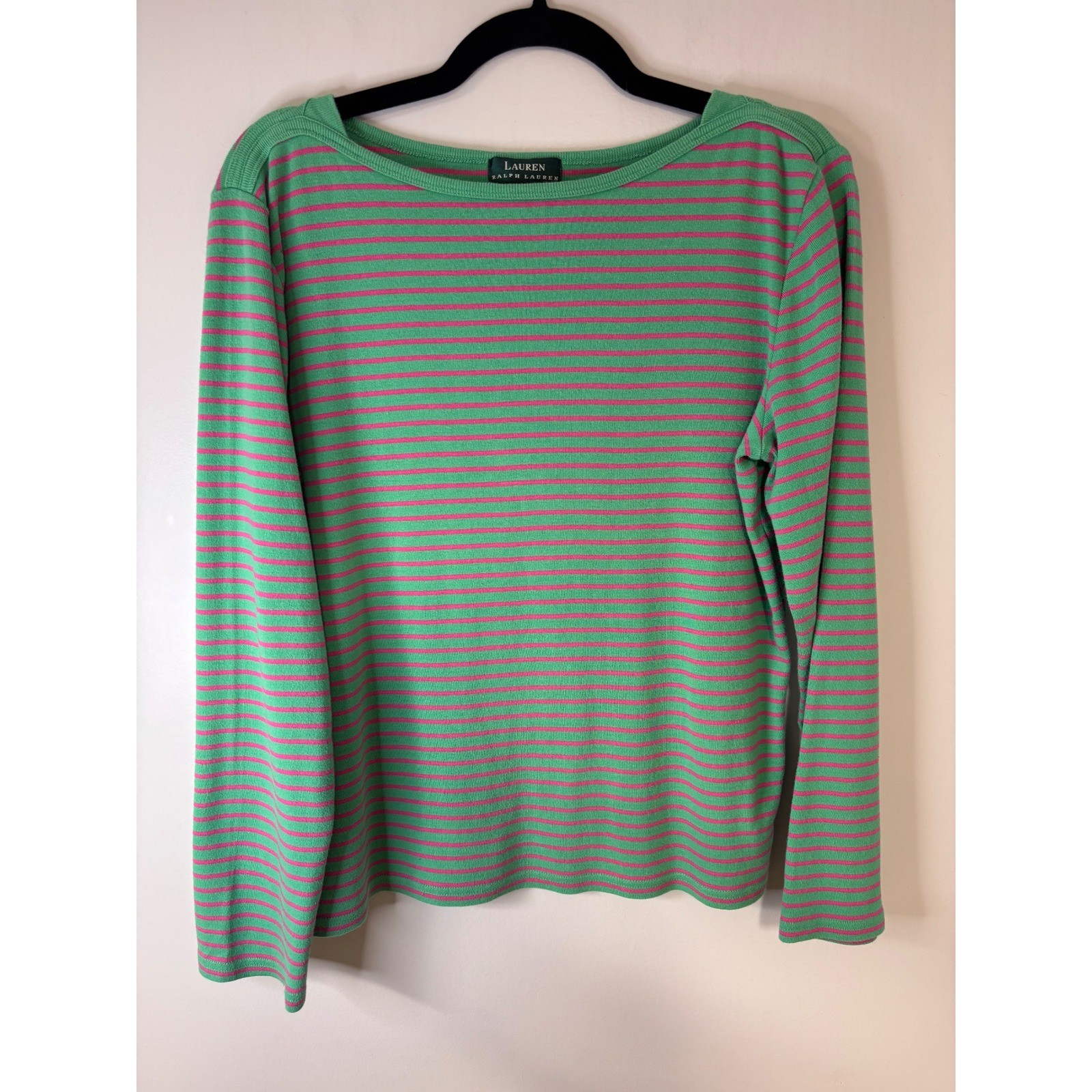 LAUREN RALPH LAUREN Green Pink Stripe Long Sleeve Boat Neck Cotton T Shirt XL