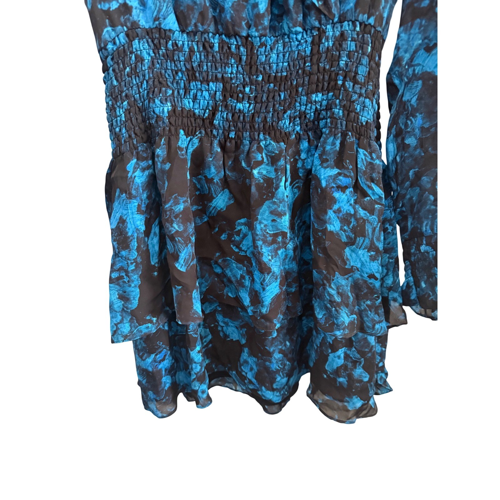 Parker Silk Blend Ruffled Smocked Waist Mini Dress Blue Black Floral P9J5130SBP