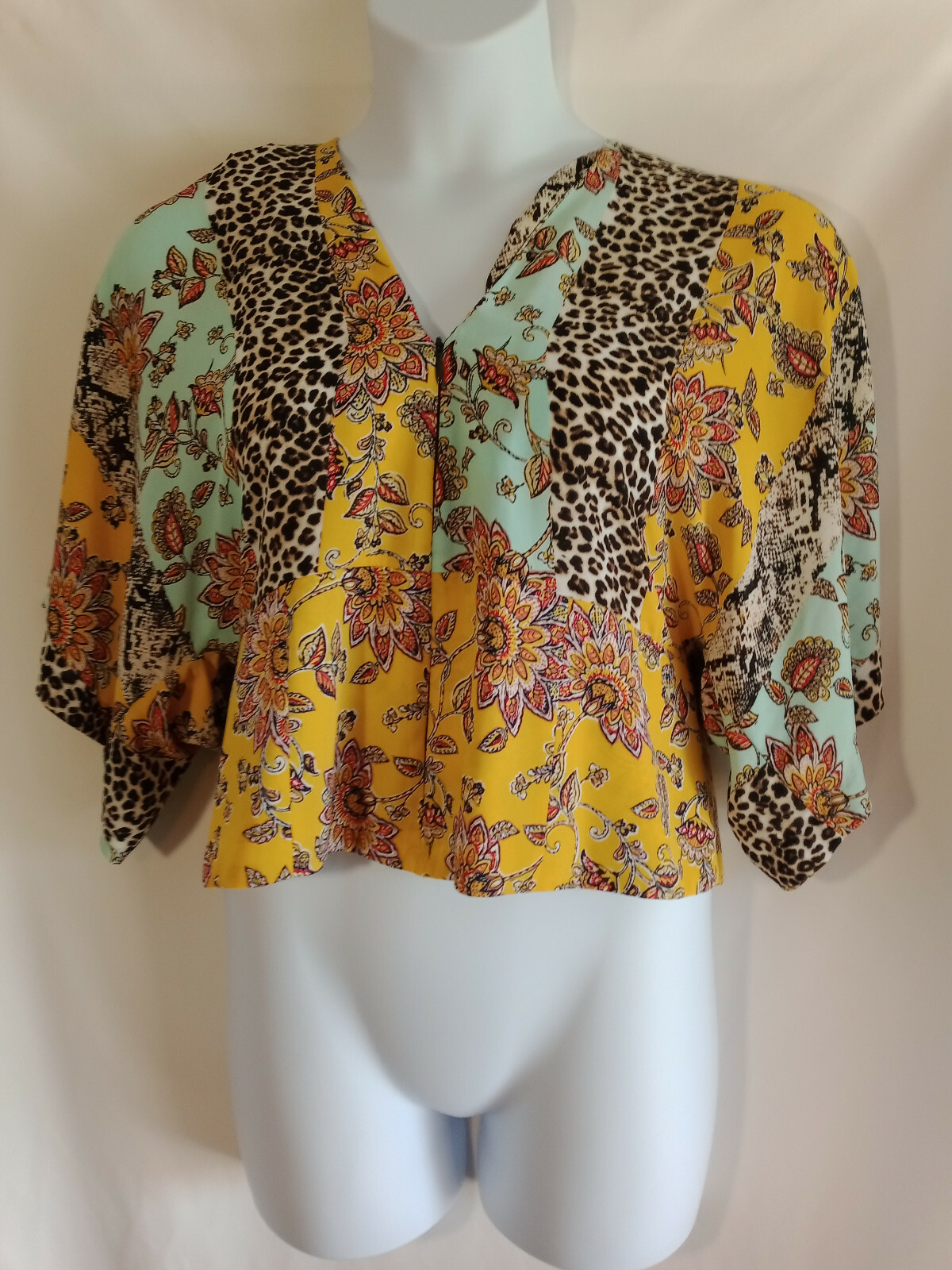 NEW 2X New York & Co XXL Top Animal Print Multi Media Kimono Cut Blouse Mustard