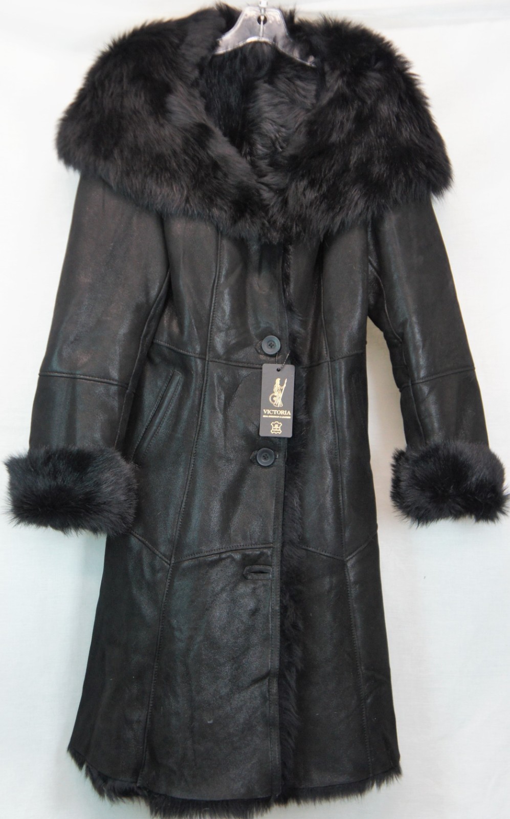 REAL 100% Sheepskin Shearling Leather Toscana Long Coat Hood DAKOTA BLACK XS-6XL
