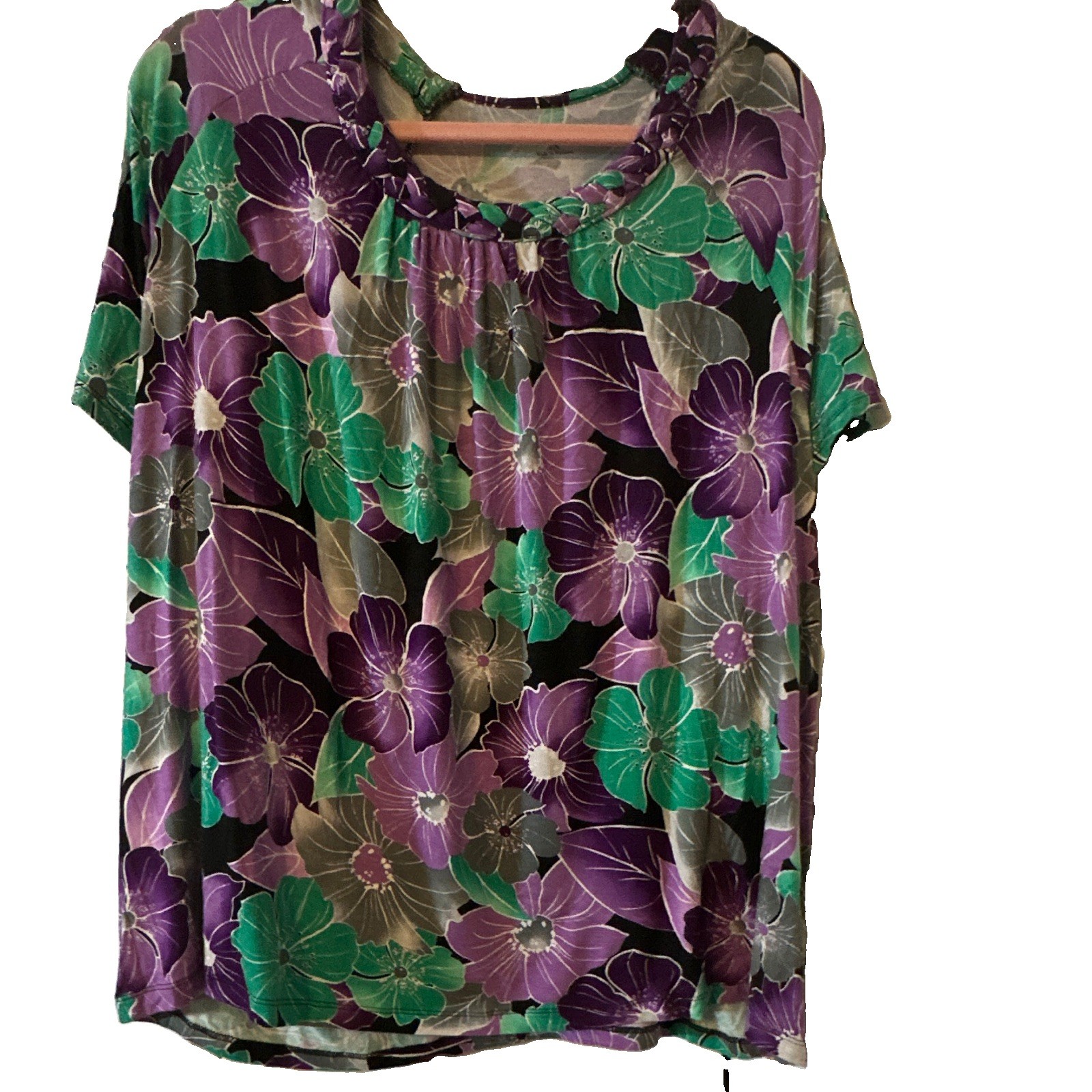 Croft & Barrow Women Sz 2X Plus Purple/Green Floral Scoop Neck SS Knit BlouseNWT