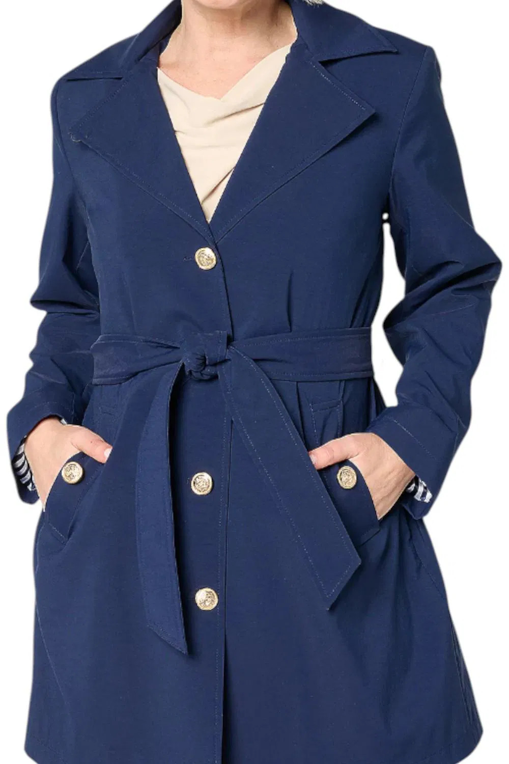 Dennis Basso Women’s Water Resistant Trench Coat w/ Hood Navy
