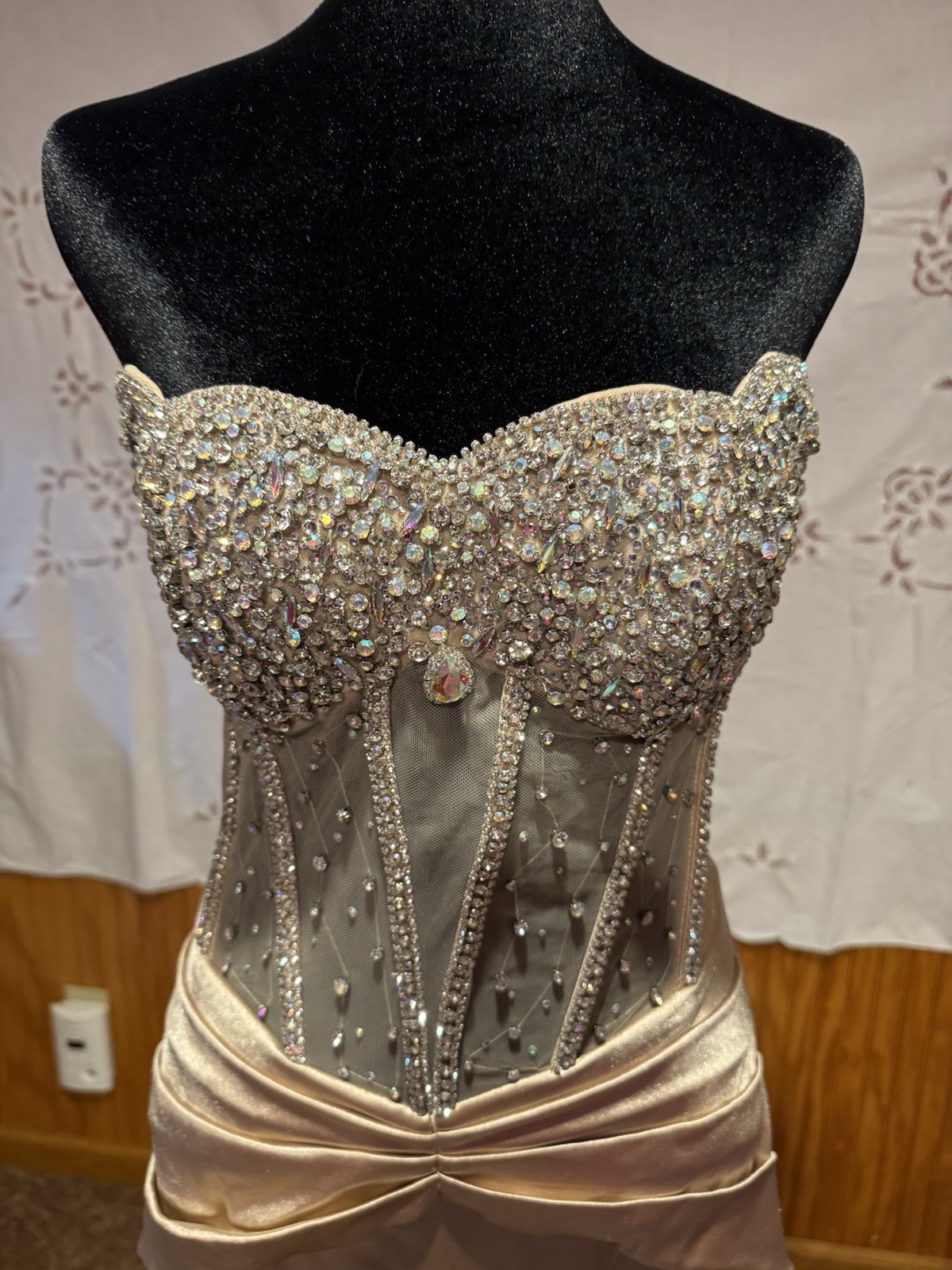 Jovani Strapless Sweetheart Beaded Corset High Slit Long Gown Champagne 8