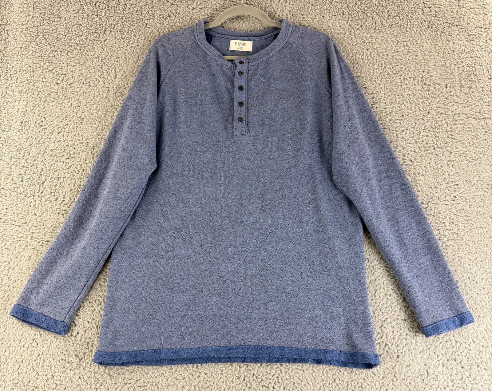 M. Singer Henley Shirt Men Size X-Large Blue Long Sleeve Knit Made in USA Casual