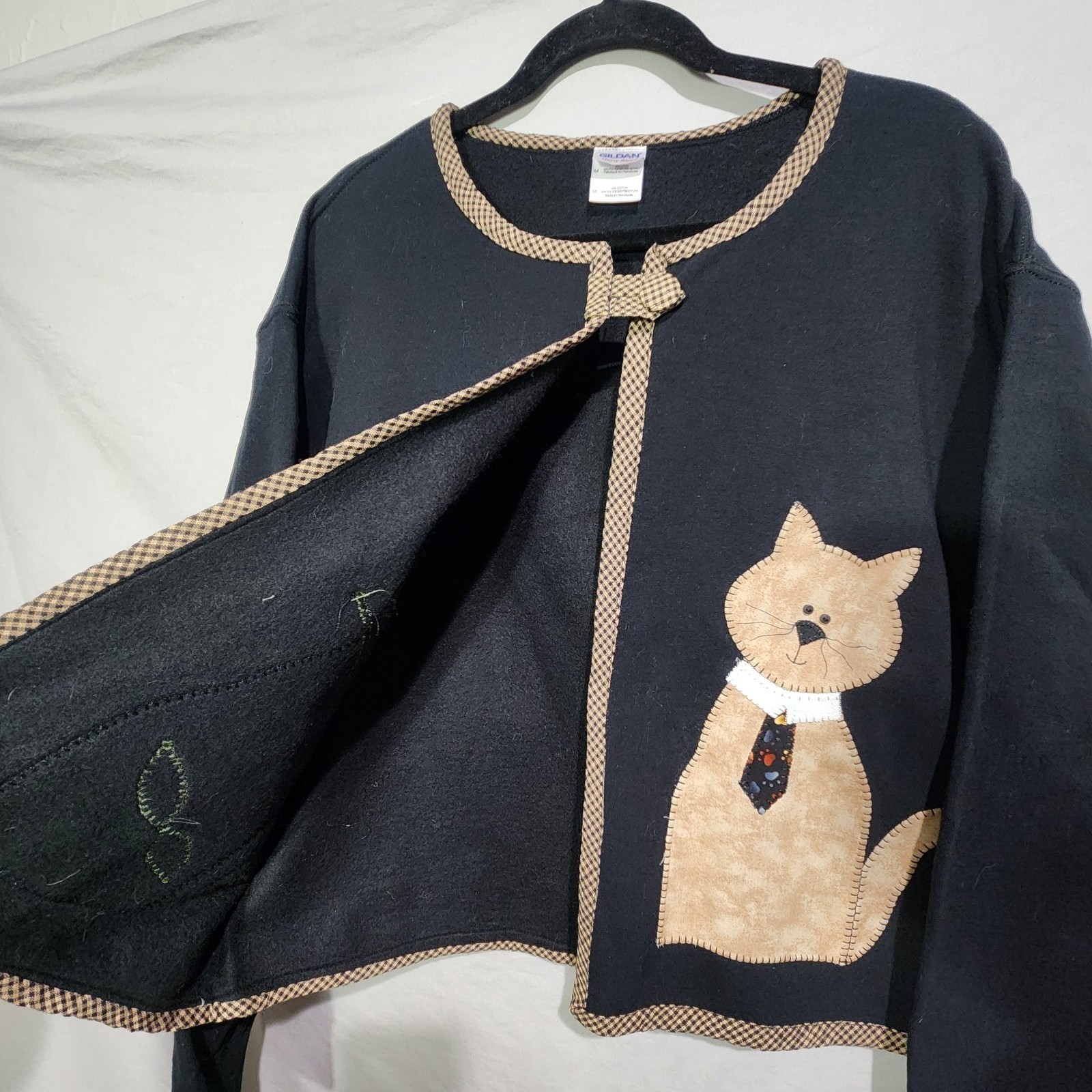 90s Kitty Cat Applique Open Front Trim Cardigan Black Whimsical Cottagecore MED
