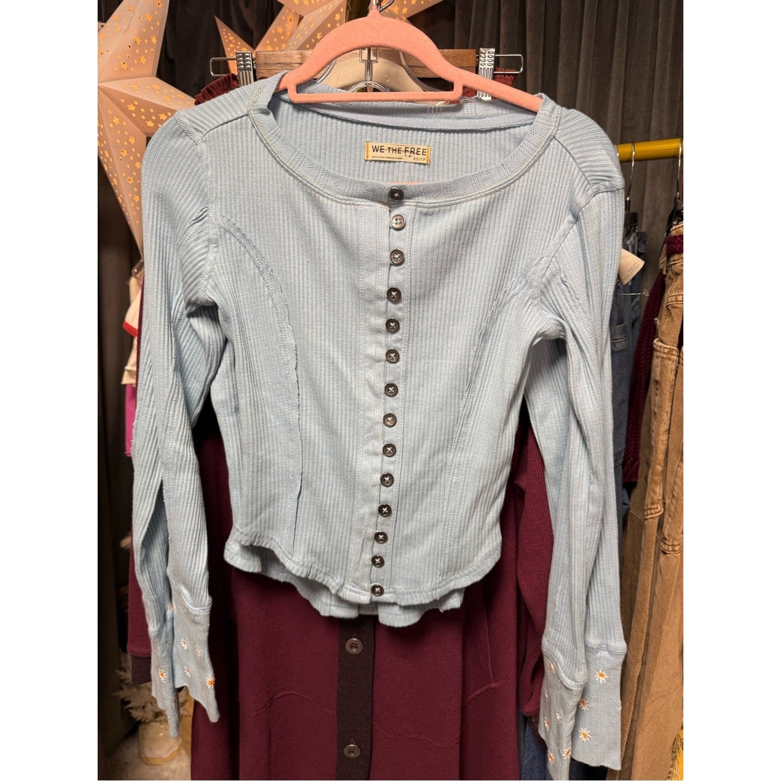 NWOT Free People We the Free Daria Cardi- Sky Blue Combo Daisy Size XS & Small