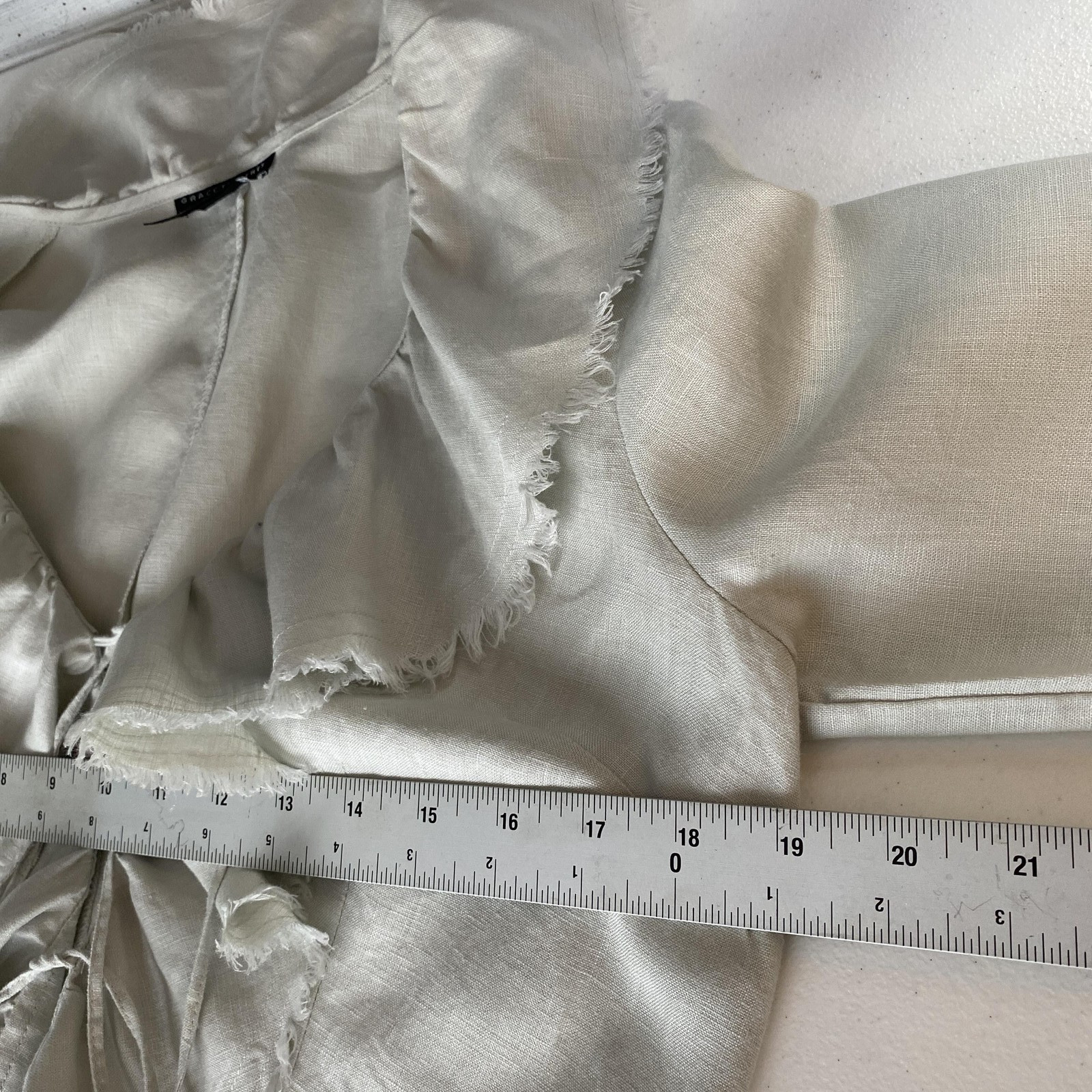 Grace Elements Blouse Womens 8 Gray 100% Linen Ruffle Tie Front Boho Art to Wear