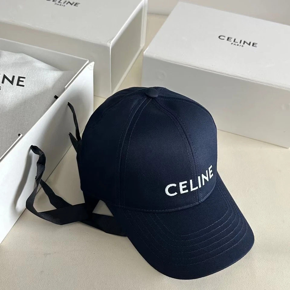 CELINE Navy Blue Cotton Baseball Cap White Logo Unisex Adjustable Luxury Hat